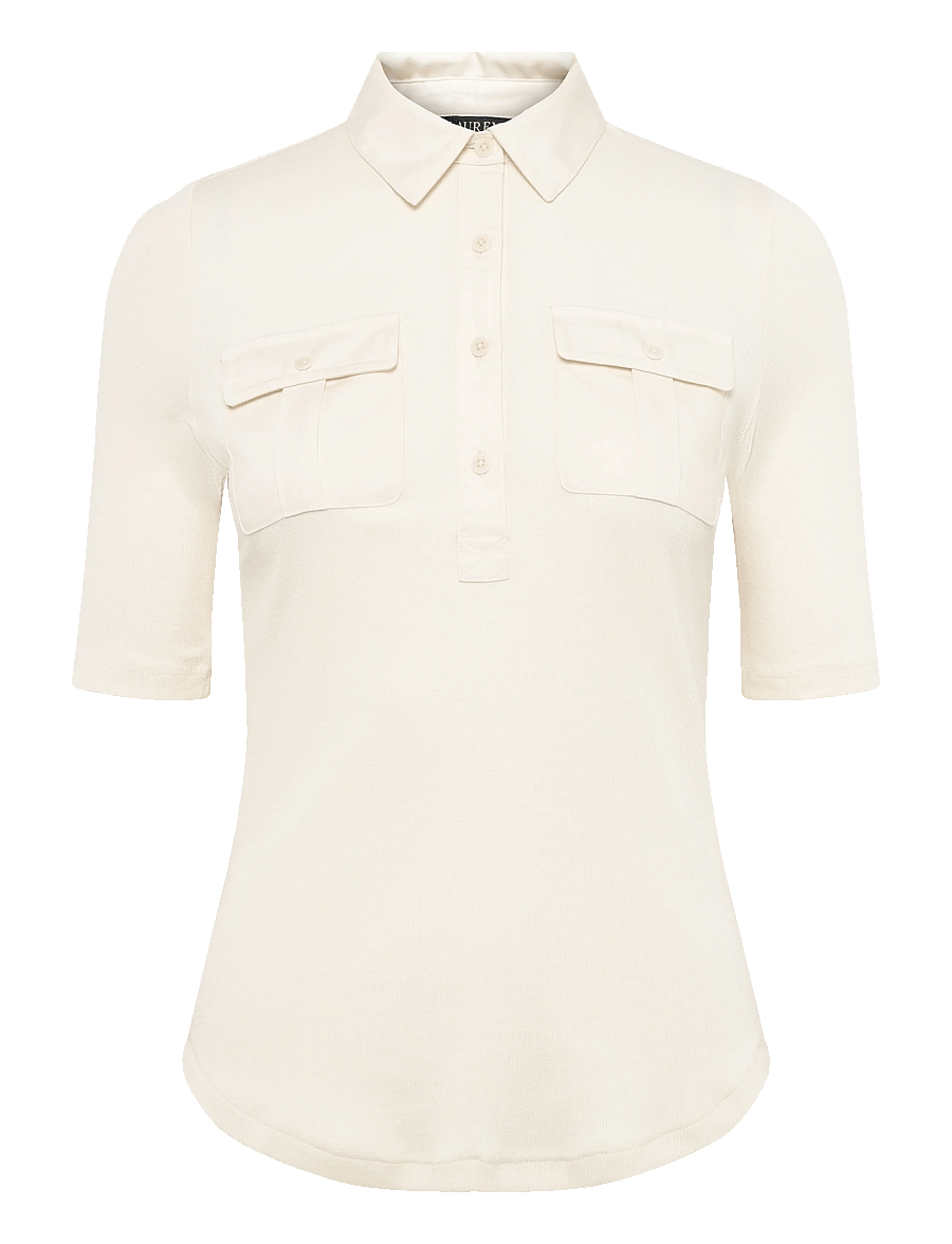 Lauren Ralph Lauren - Rib-Knit Elbow-Sleeve Collared Top - t-shirts - mascarpone cream - 1