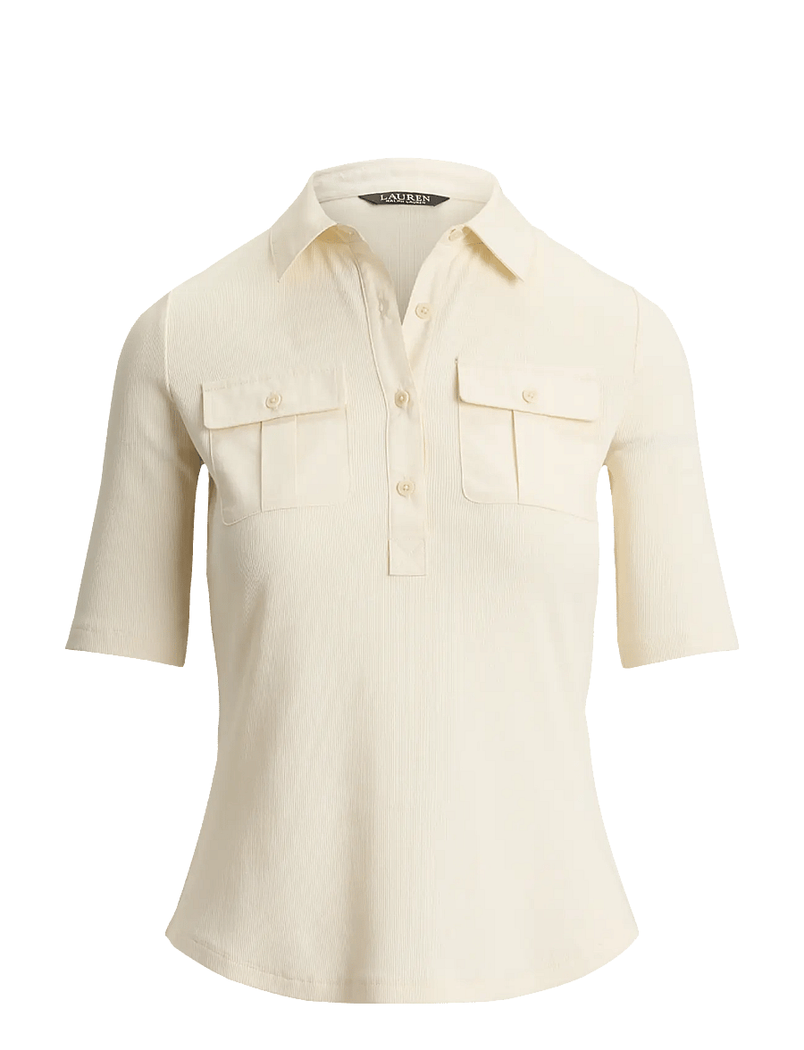 Lauren Ralph Lauren - Rib-Knit Elbow-Sleeve Collared Top - t-shirts - mascarpone cream - 1