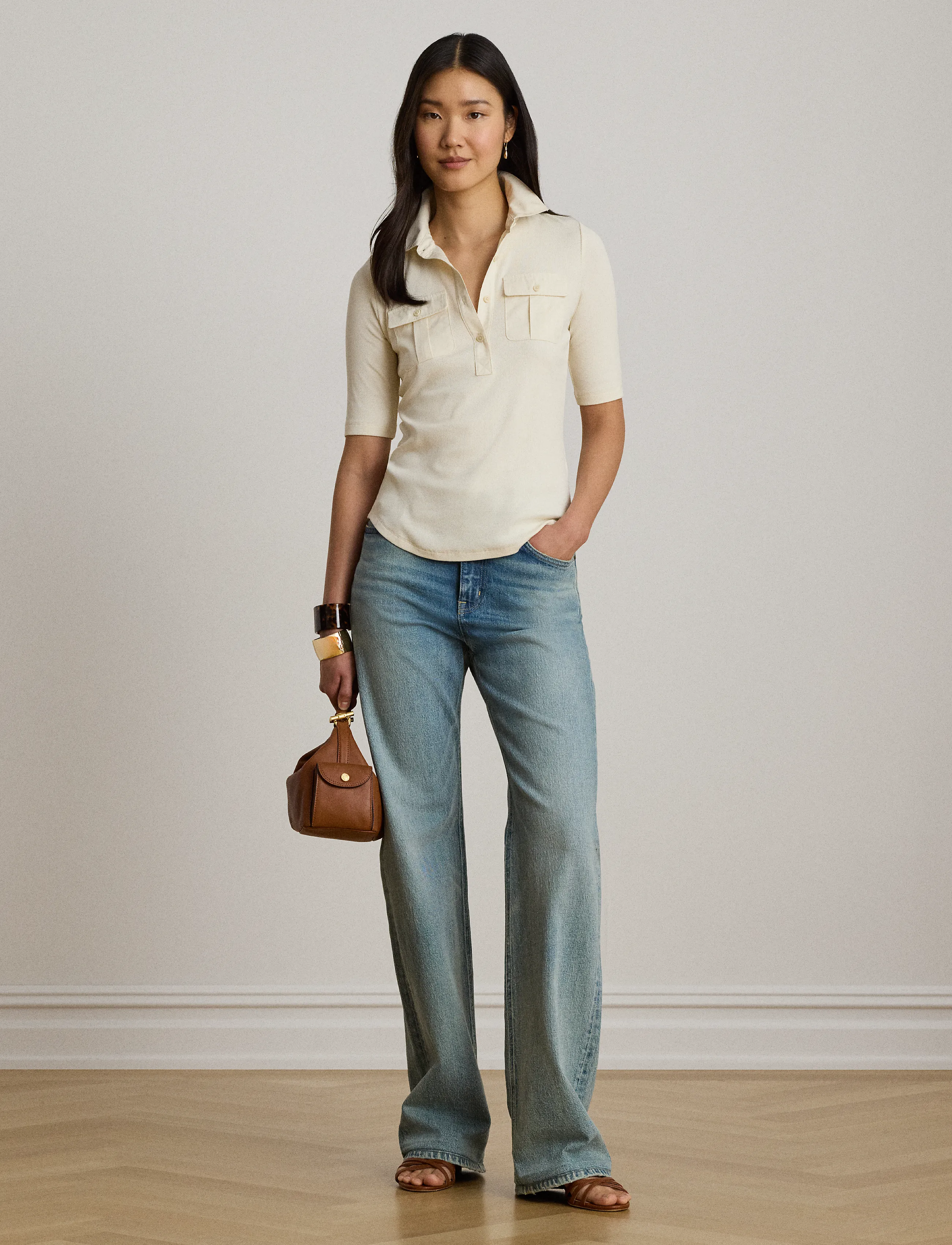 Lauren Ralph Lauren - Rib-Knit Elbow-Sleeve Collared Top - t-shirts - mascarpone cream - 3