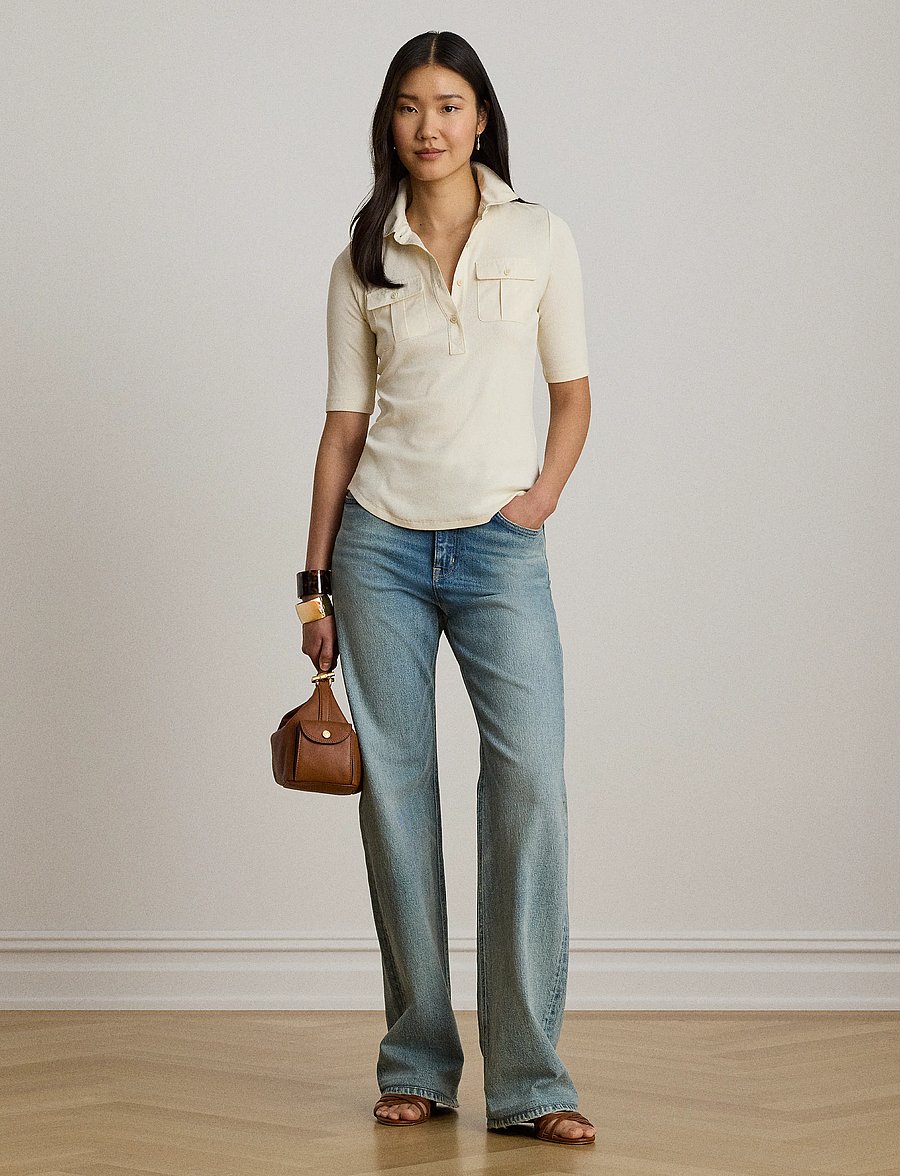 Lauren Ralph Lauren - Rib-Knit Elbow-Sleeve Collared Top - t-shirts - mascarpone cream - 3