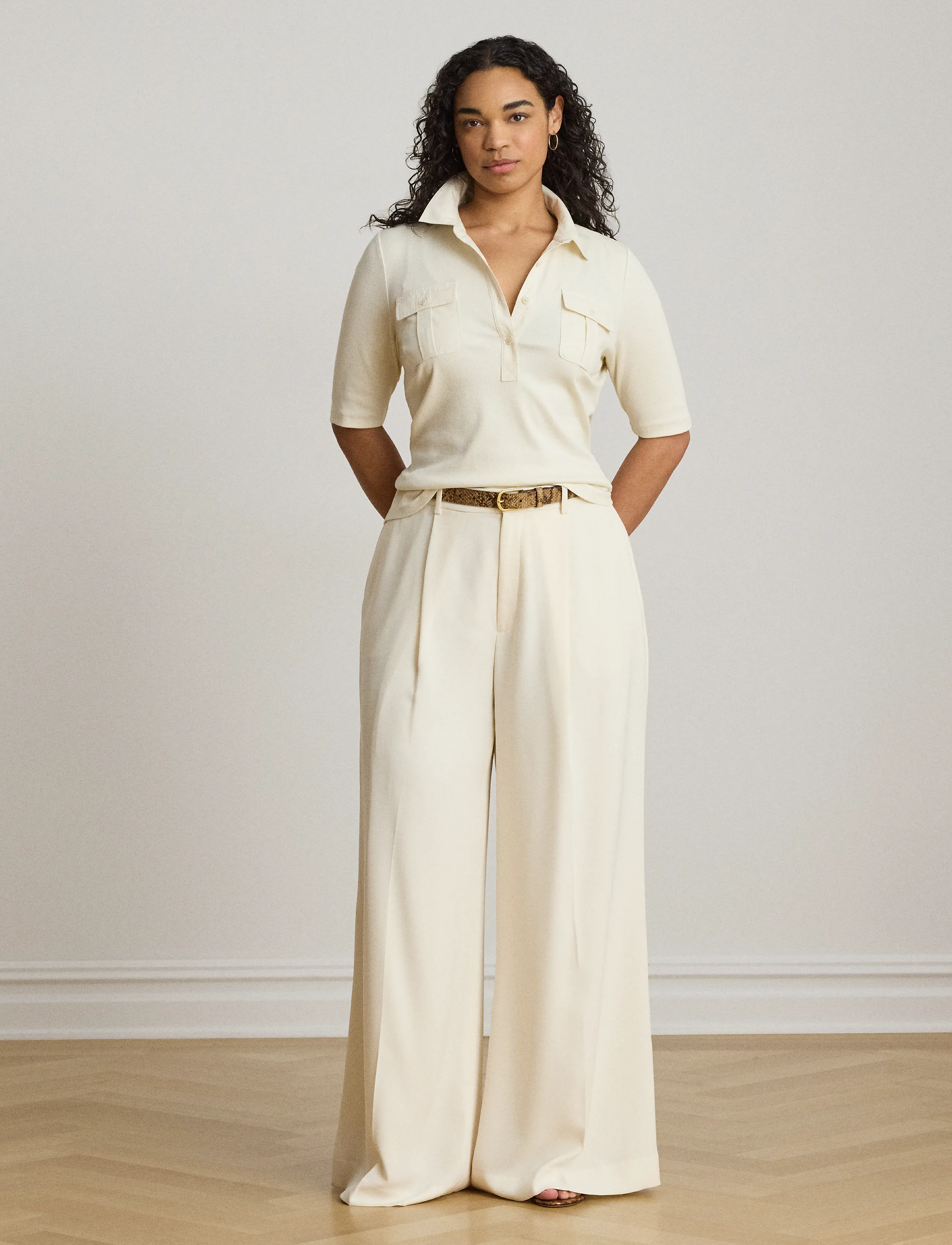 Lauren Ralph Lauren Rib-Knit Elbow-Sleeve Collared Top - Lauren Ralph Lauren - MASCARPONE CREAM / cream