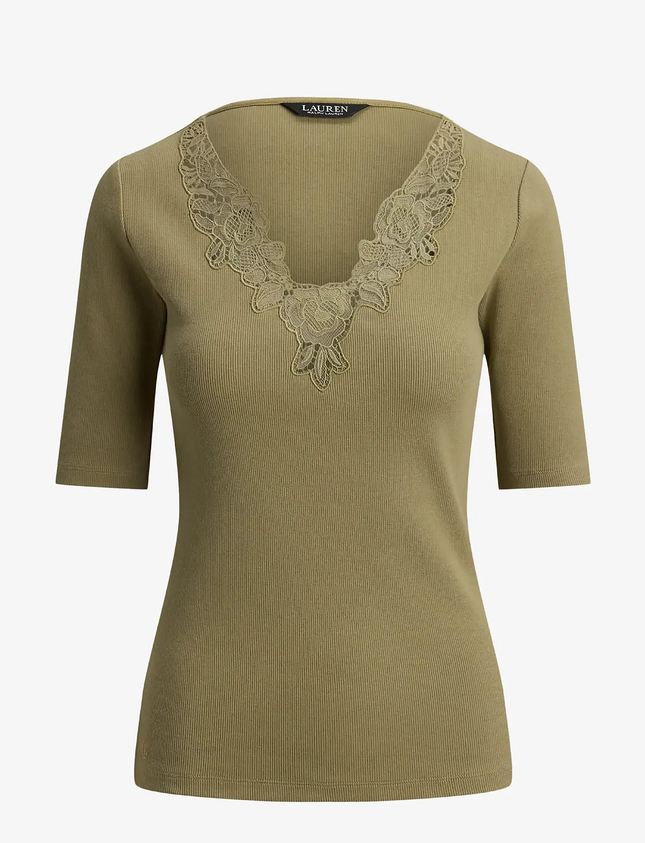 Lauren Ralph Lauren - Lace-Trim Rib-Knit Cotton-Blend Top - t-krekli - light agave - 1