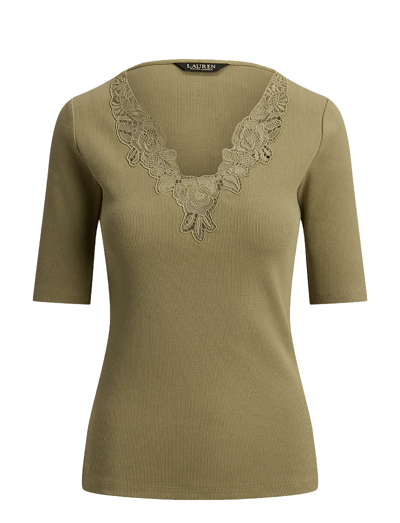Lauren Ralph Lauren - Lace-Trim Rib-Knit Cotton-Blend Top - t-krekli - light agave - 1