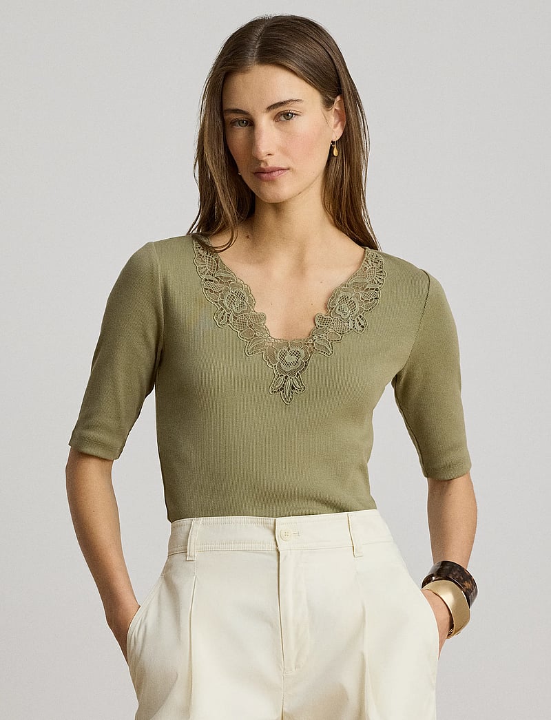Lauren Ralph Lauren - Lace-Trim Rib-Knit Cotton-Blend Top - t-krekli - light agave - 0