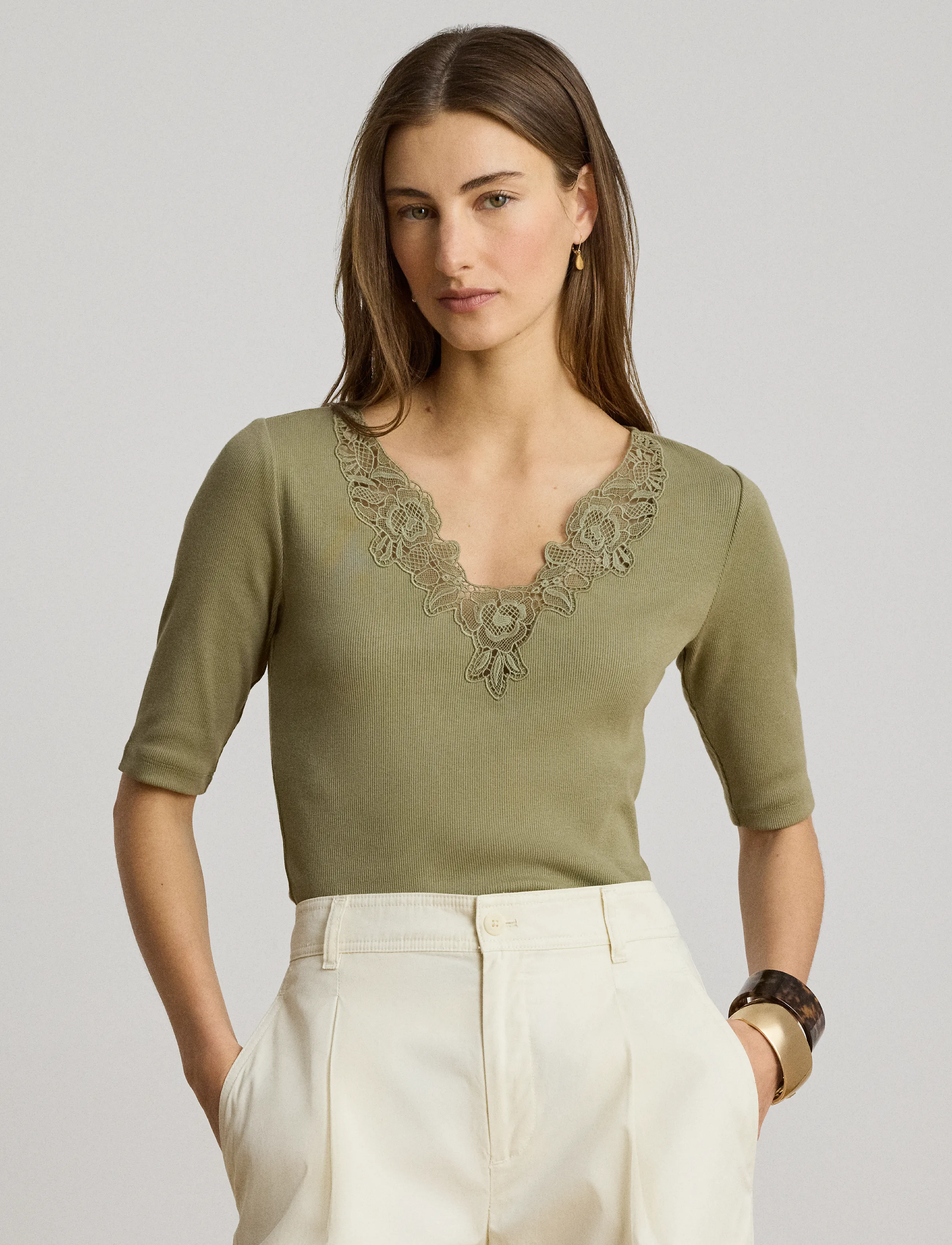 Lauren Ralph Lauren Lace-Trim Rib-Knit Cotton-Blend Top - Tøj - LIGHT AGAVE / green