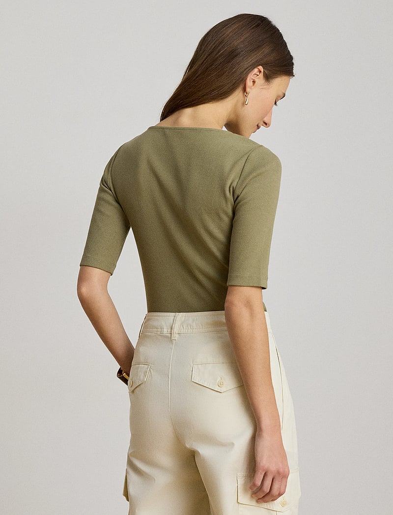Lauren Ralph Lauren - Lace-Trim Rib-Knit Cotton-Blend Top - t-krekli - light agave - 2