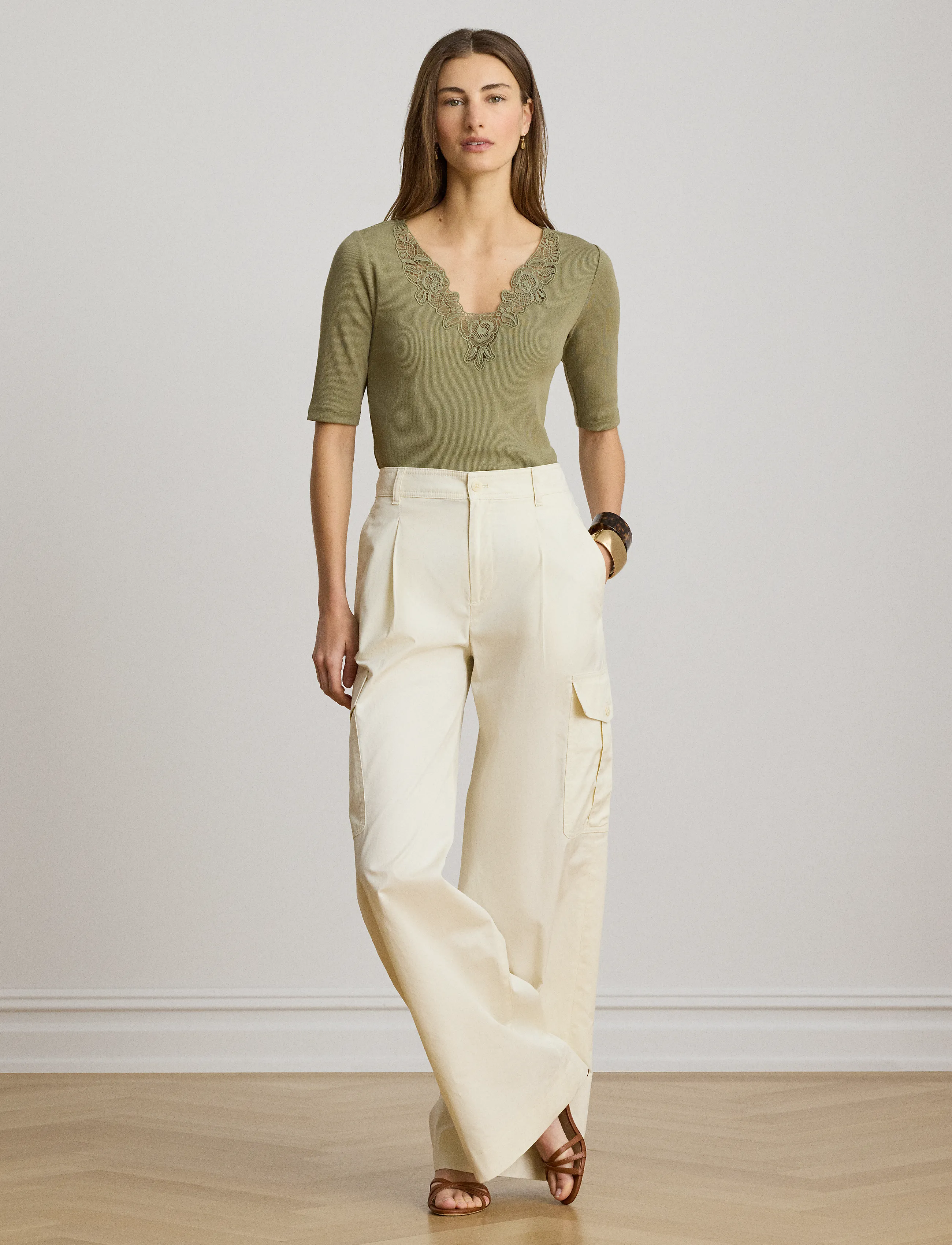 Lauren Ralph Lauren Lace-Trim Rib-Knit Cotton-Blend Top toppar dam – bild 3