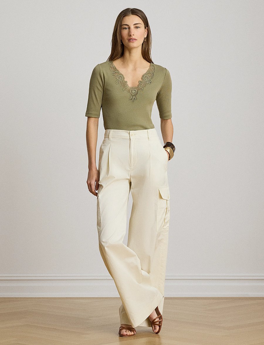 Lauren Ralph Lauren - Lace-Trim Rib-Knit Cotton-Blend Top - t-shirts - light agave - 3