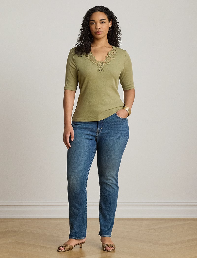 Lauren Ralph Lauren - Lace-Trim Rib-Knit Cotton-Blend Top - t-krekli - light agave - 5
