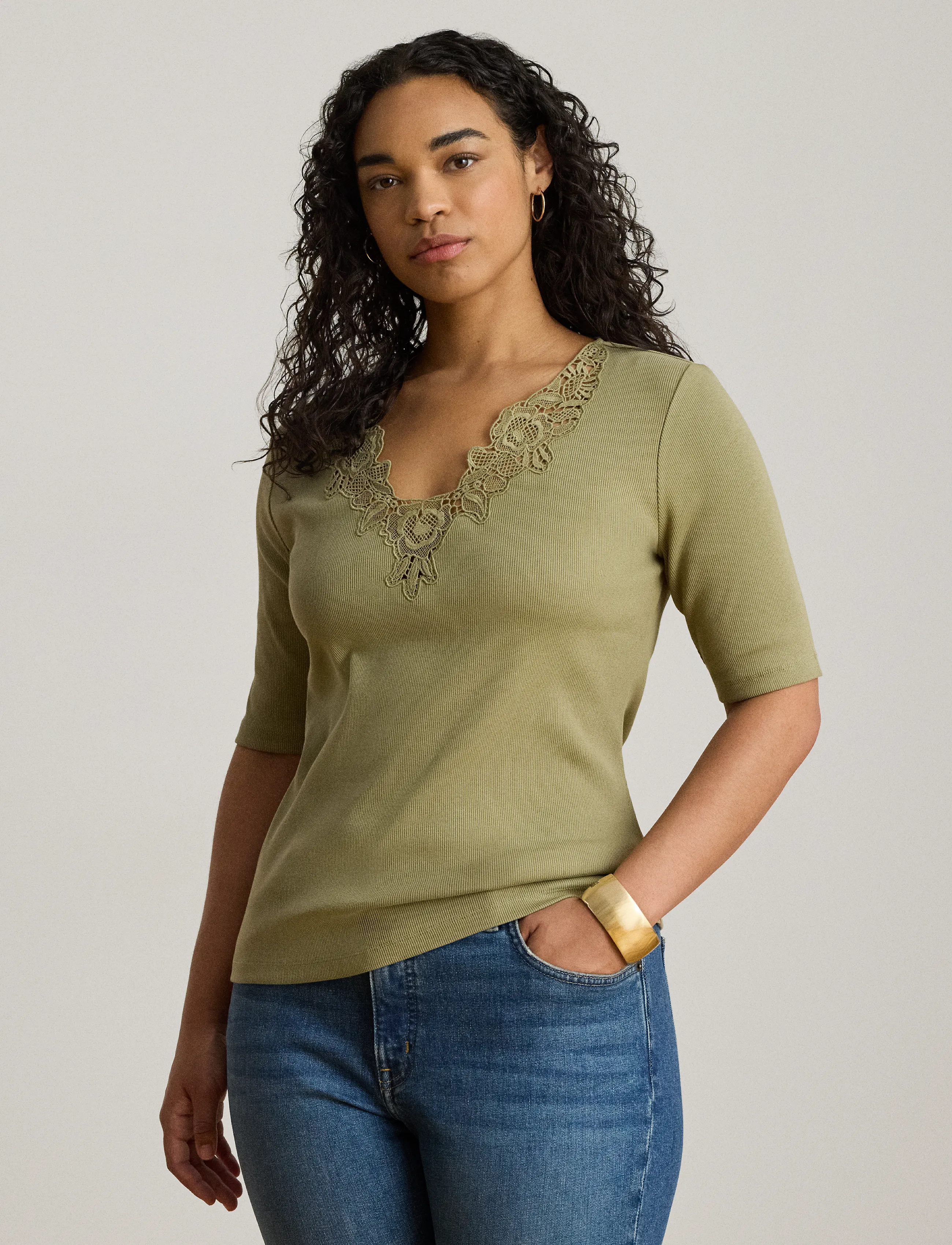 Lauren Ralph Lauren Lace-Trim Rib-Knit Cotton-Blend Top toppar dam – bild 7