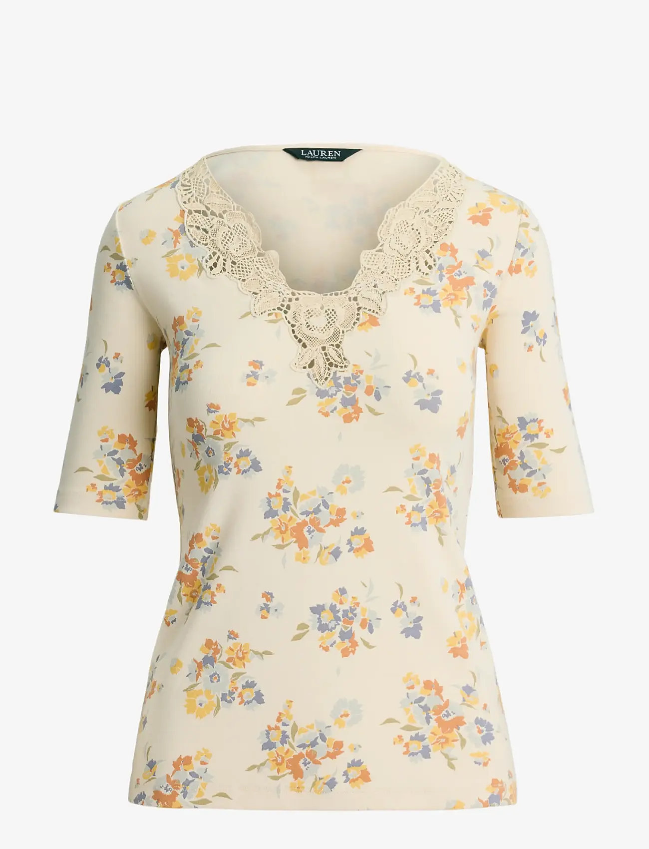 Lauren Ralph Lauren - Floral Lace-Trim Rib-Knit Top - bluzki z krótkim rękawem - cream multi - 1