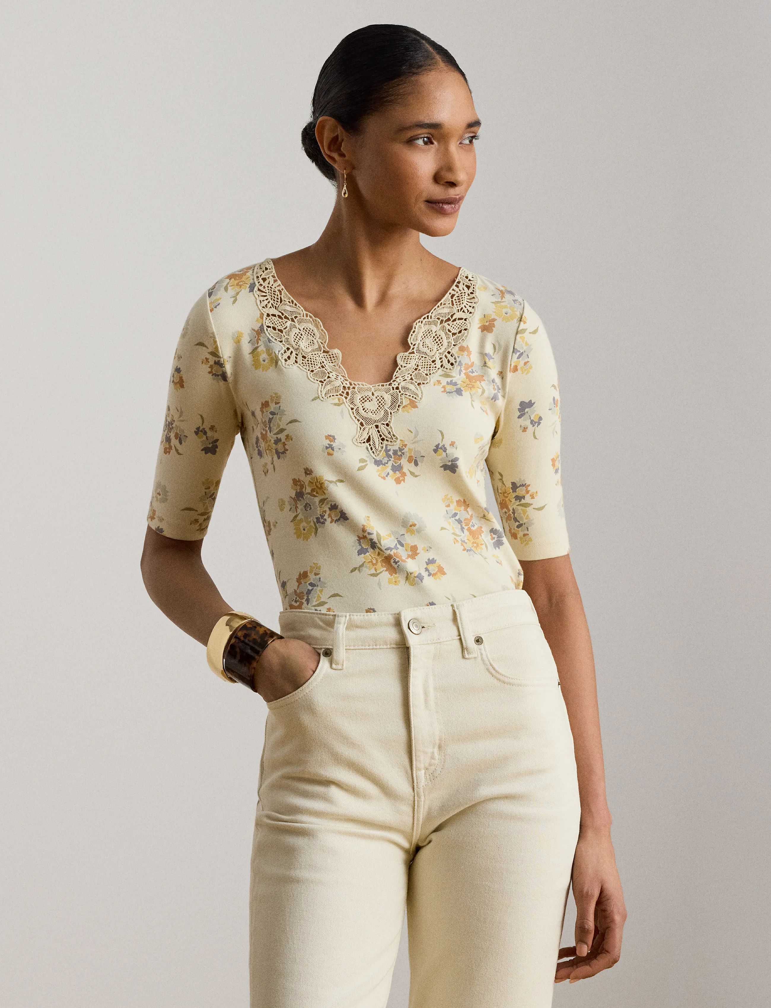 Lauren Ralph Lauren Floral Lace-Trim Rib-Knit Top - Kurzärmelige Blusen - CREAM MULTI / cream