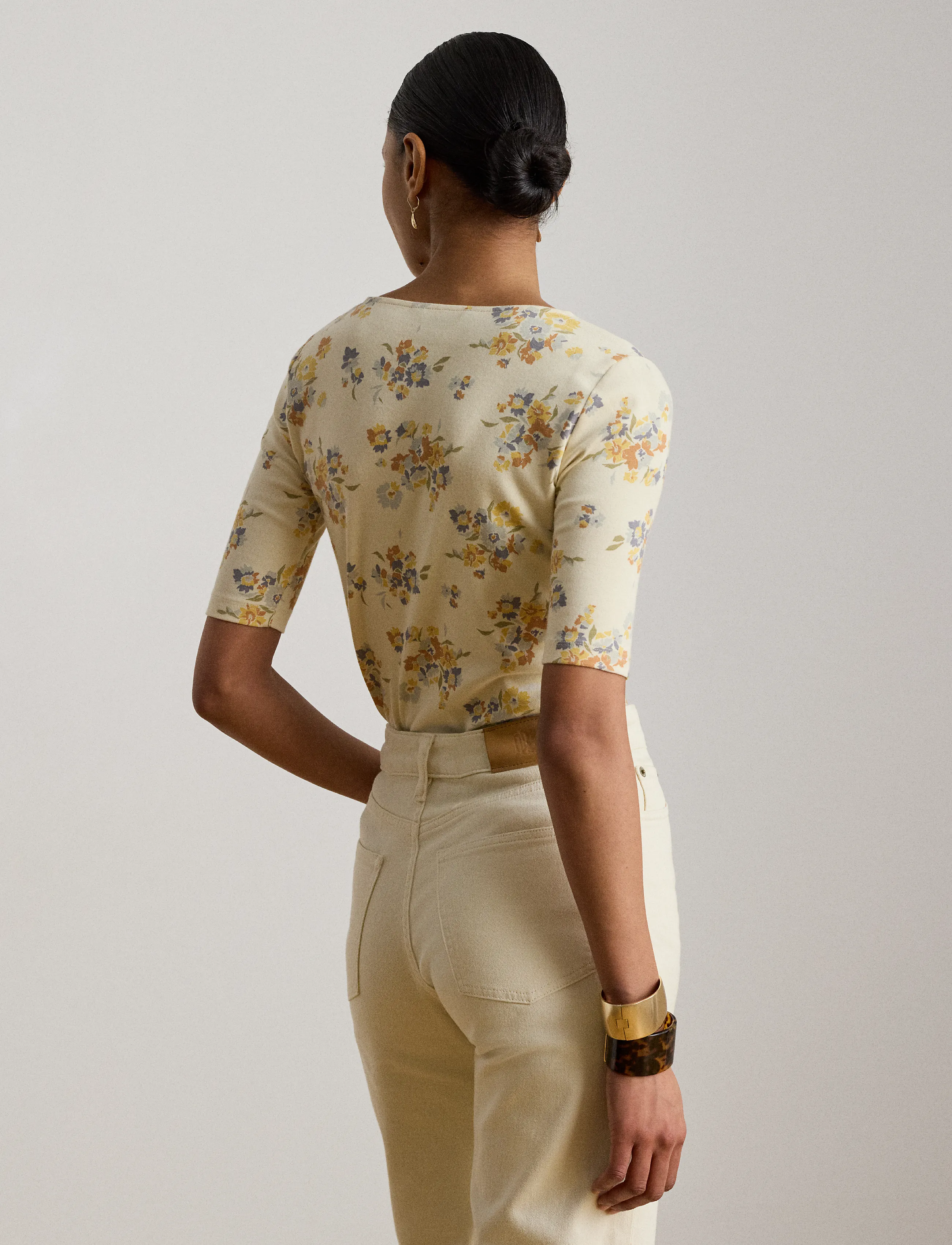 Lauren Ralph Lauren - Floral Lace-Trim Rib-Knit Top - kurzämlige blusen - cream multi - 2
