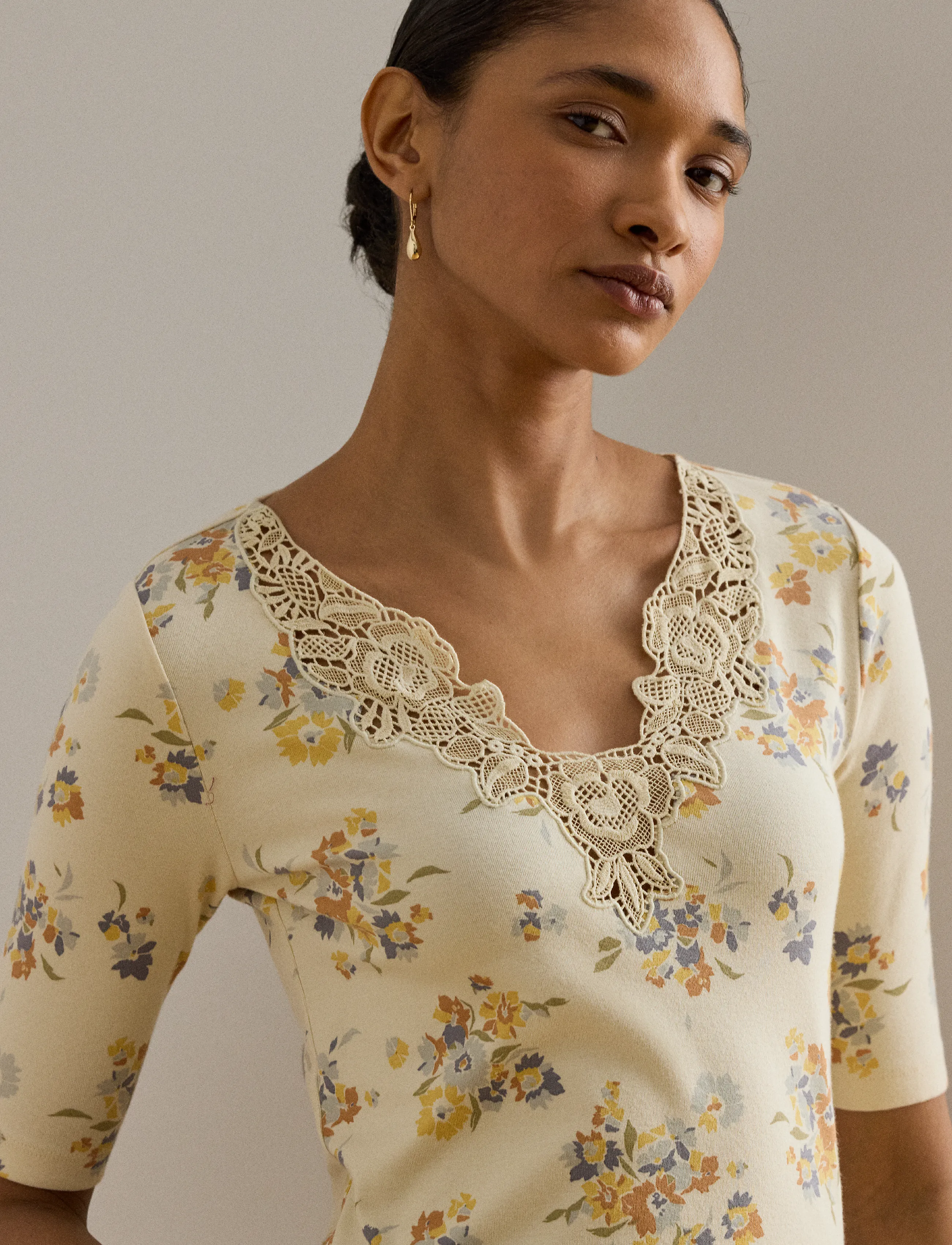 Lauren Ralph Lauren - Floral Lace-Trim Rib-Knit Top - kurzämlige blusen - cream multi - 3