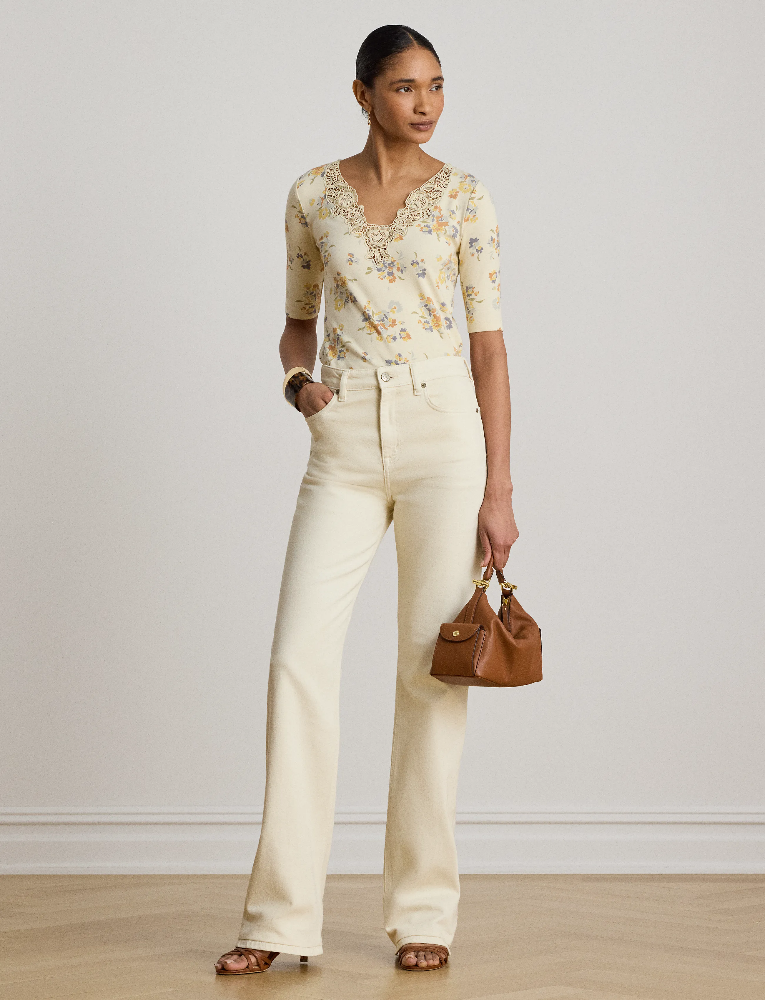 Lauren Ralph Lauren - Floral Lace-Trim Rib-Knit Top - kurzämlige blusen - cream multi - 4