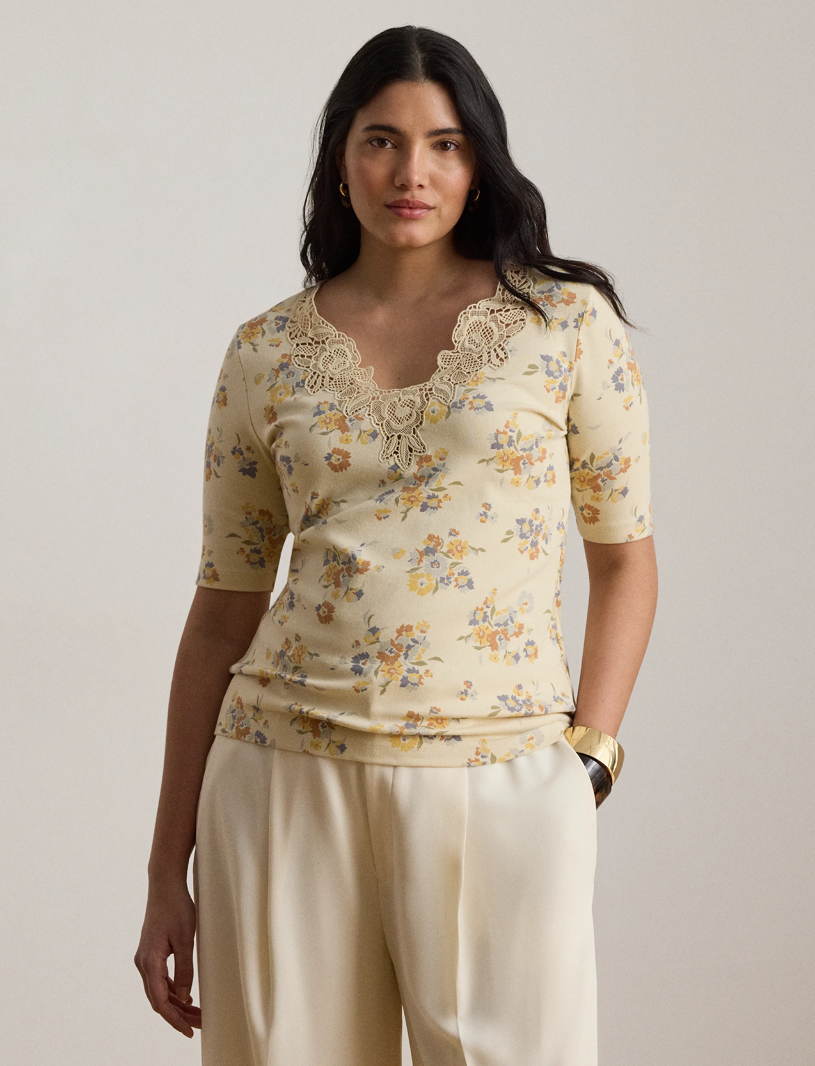 Lauren Ralph Lauren - Floral Lace-Trim Rib-Knit Top - kurzämlige blusen - cream multi - 5