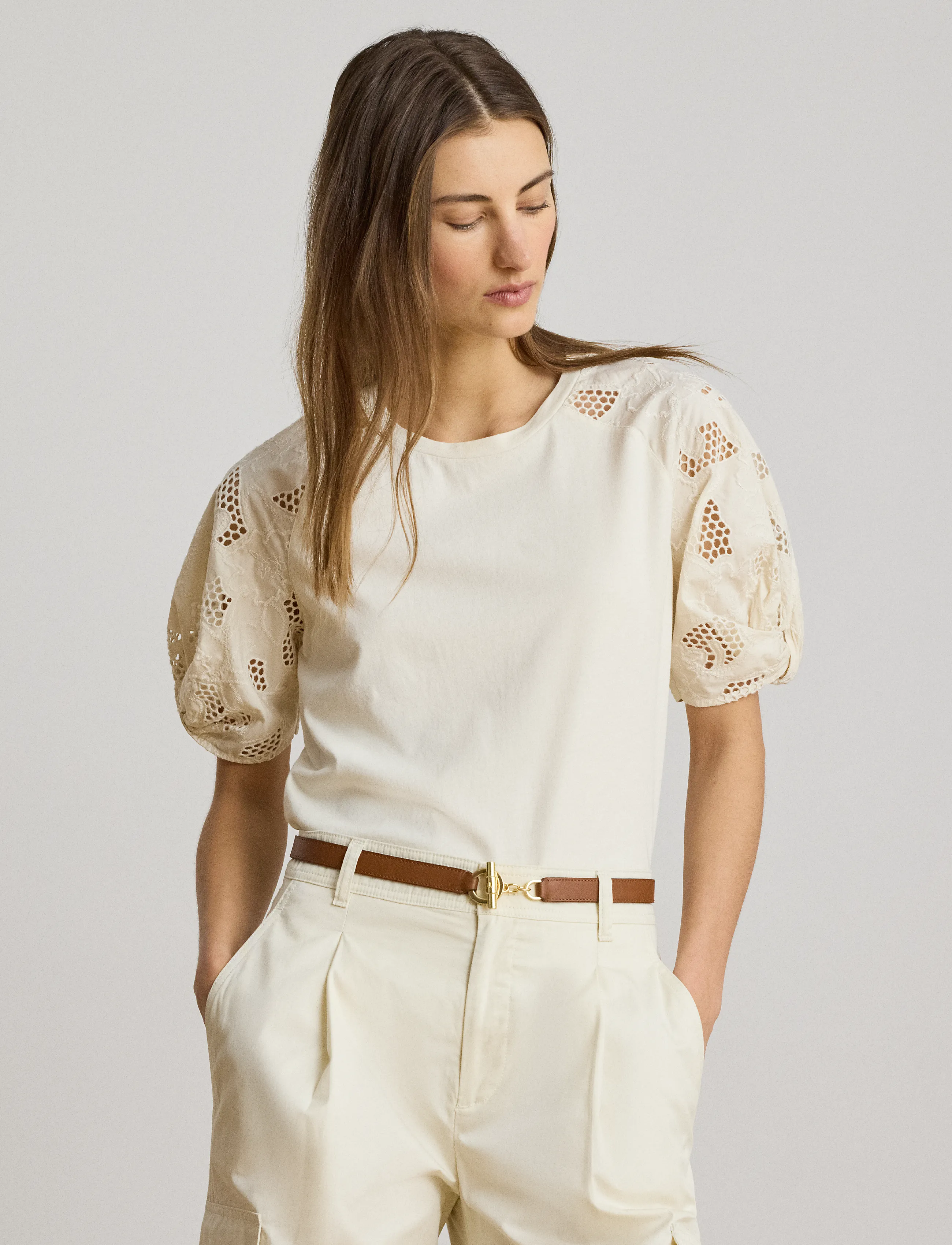 Lauren Ralph Lauren Eyelet-Bubble-Sleeve Cotton Top - Ralph Lauren - MASCARPONE CREAM / cream