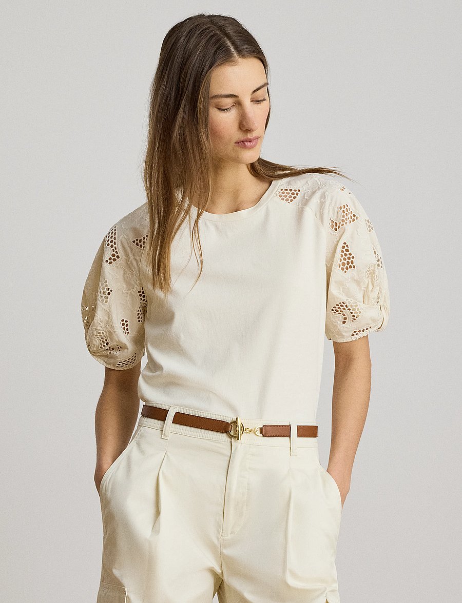 Lauren Ralph Lauren - Eyelet-Bubble-Sleeve Cotton Top - t-shirts - mascarpone cream - 0