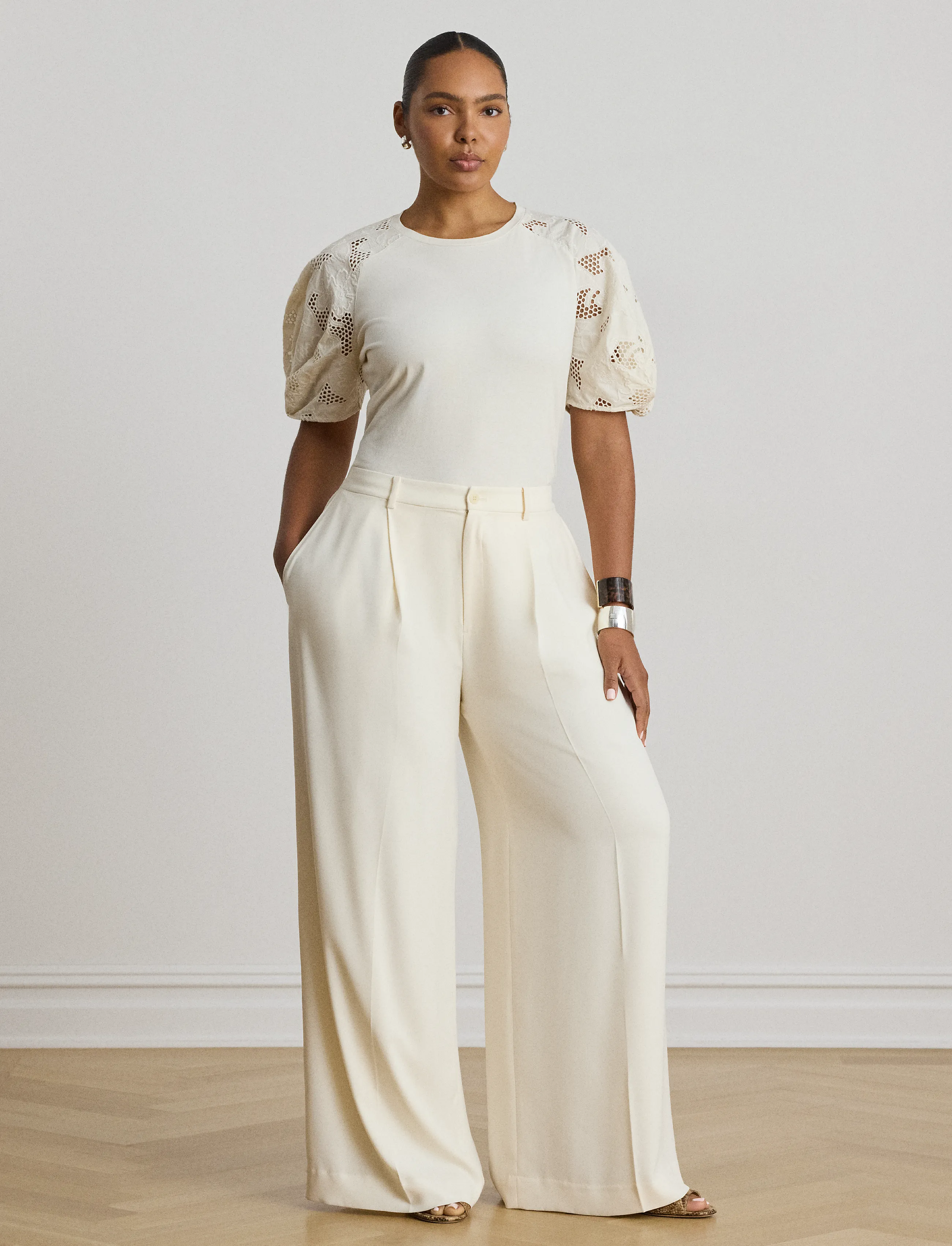 Lauren Ralph Lauren - Eyelet-Bubble-Sleeve Cotton Top - t-shirts - mascarpone cream - 3