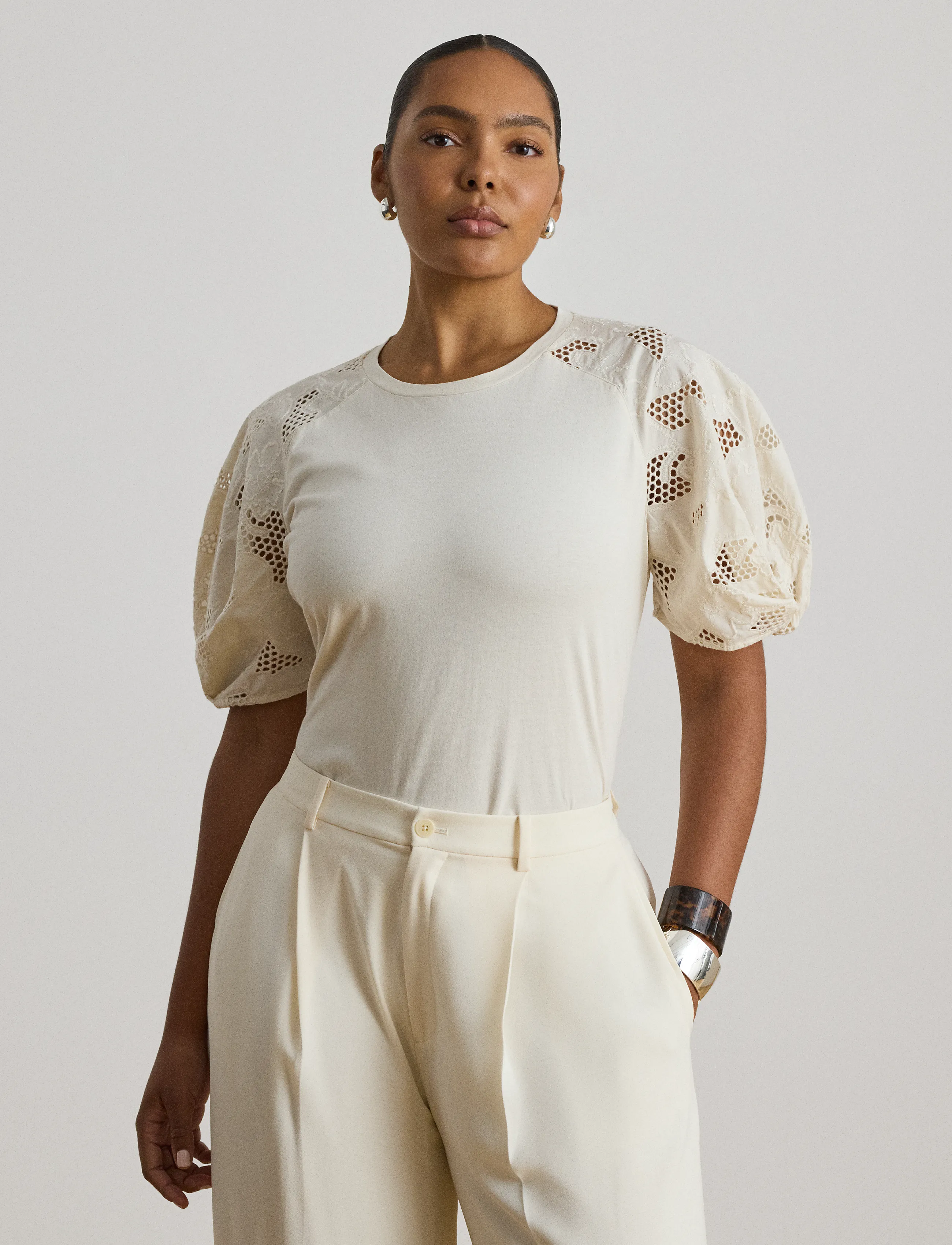Lauren Ralph Lauren - Eyelet-Bubble-Sleeve Cotton Top - t-shirts - mascarpone cream - 4