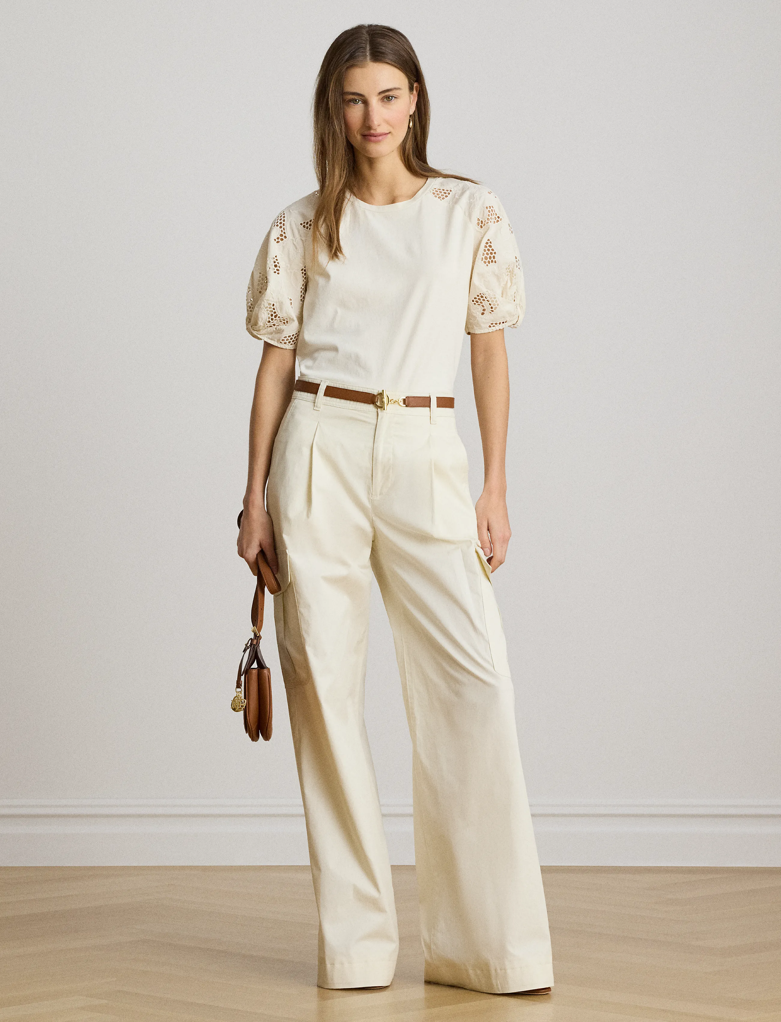 Lauren Ralph Lauren - Eyelet-Bubble-Sleeve Cotton Top - t-shirts - mascarpone cream - 5
