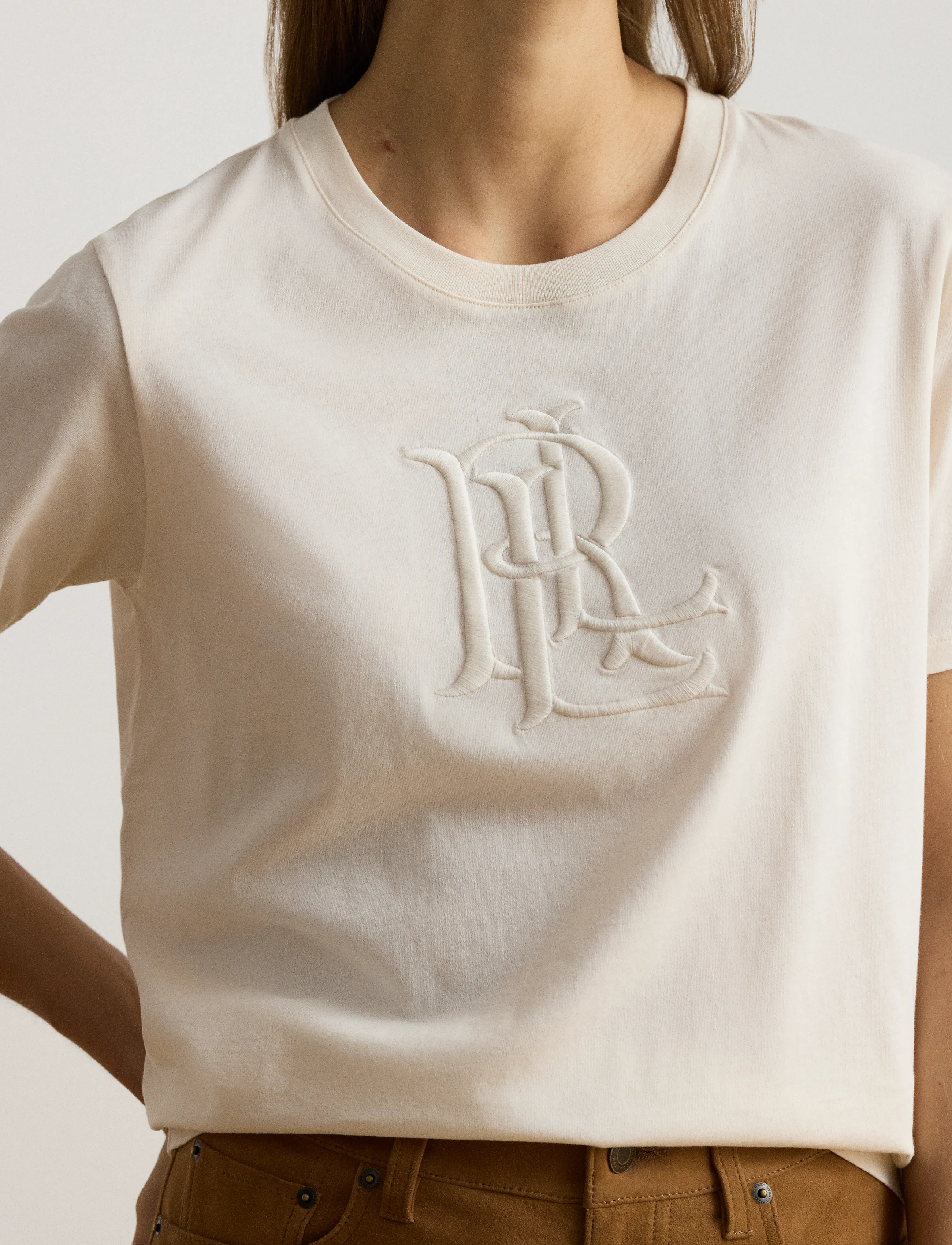 Lauren Ralph Lauren - Embroidered-Logo Cotton Jersey Tee - t-shirts - mascarpone cream - 3