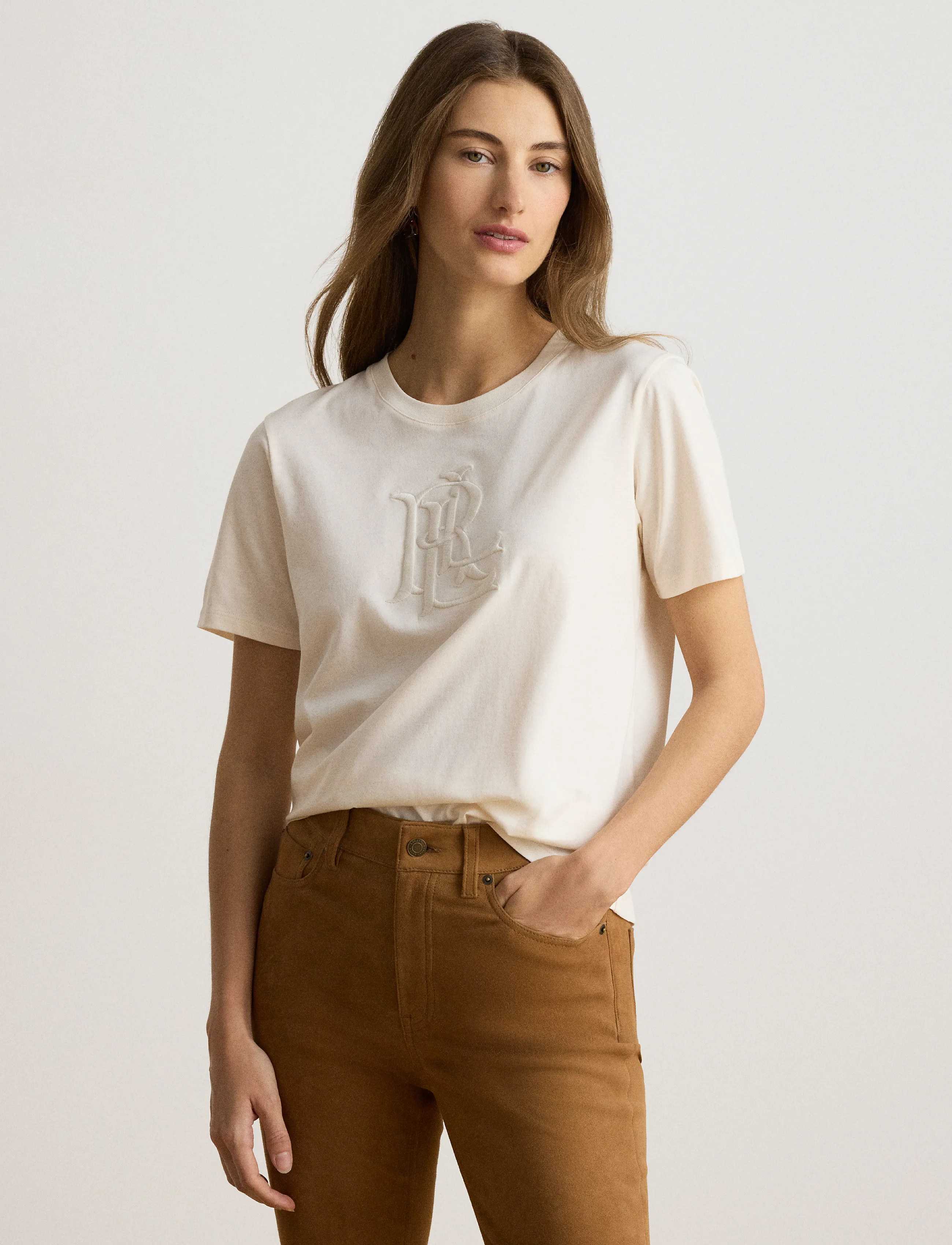 Lauren Ralph Lauren - Embroidered-Logo Cotton Jersey Tee - t-shirts - mascarpone cream - 4
