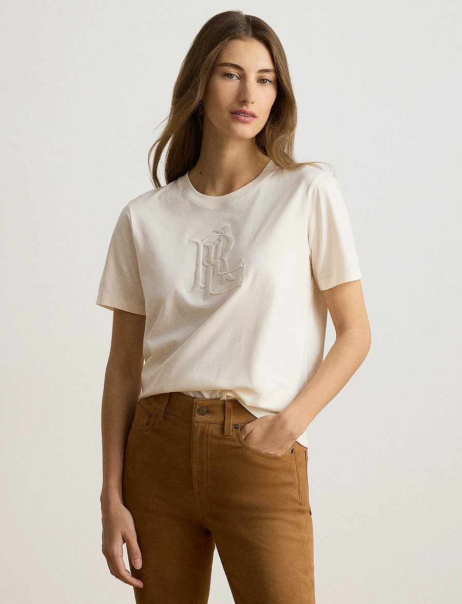 Lauren Ralph Lauren - Embroidered-Logo Cotton Jersey Tee - t-shirts - mascarpone cream - 4