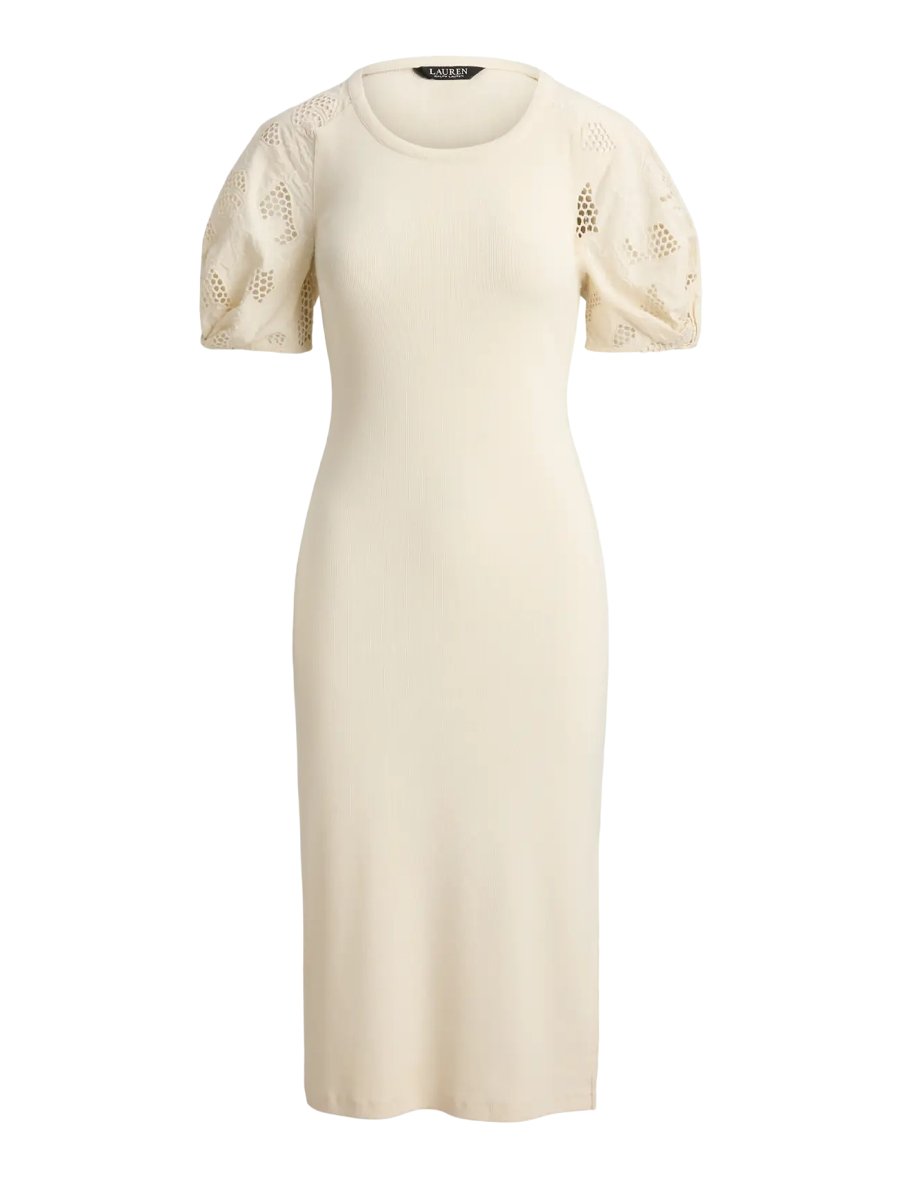 Lauren Ralph Lauren - Rib-Knit Cotton Eyelet-Puff-Sleeve Dress - etuikleider - mascarpone cream - 1