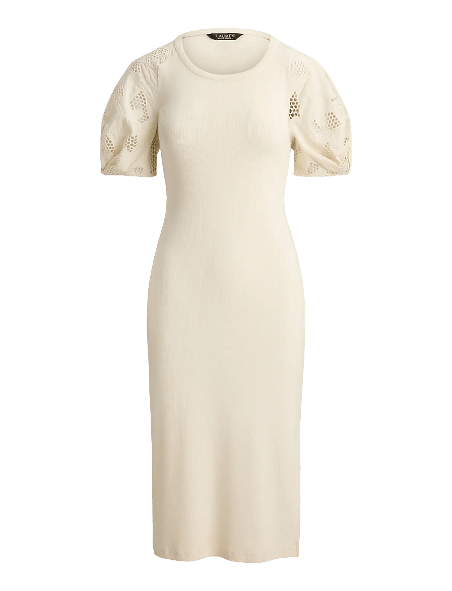 Lauren Ralph Lauren - Rib-Knit Cotton Eyelet-Puff-Sleeve Dress - stramme kjoler - mascarpone cream - 1