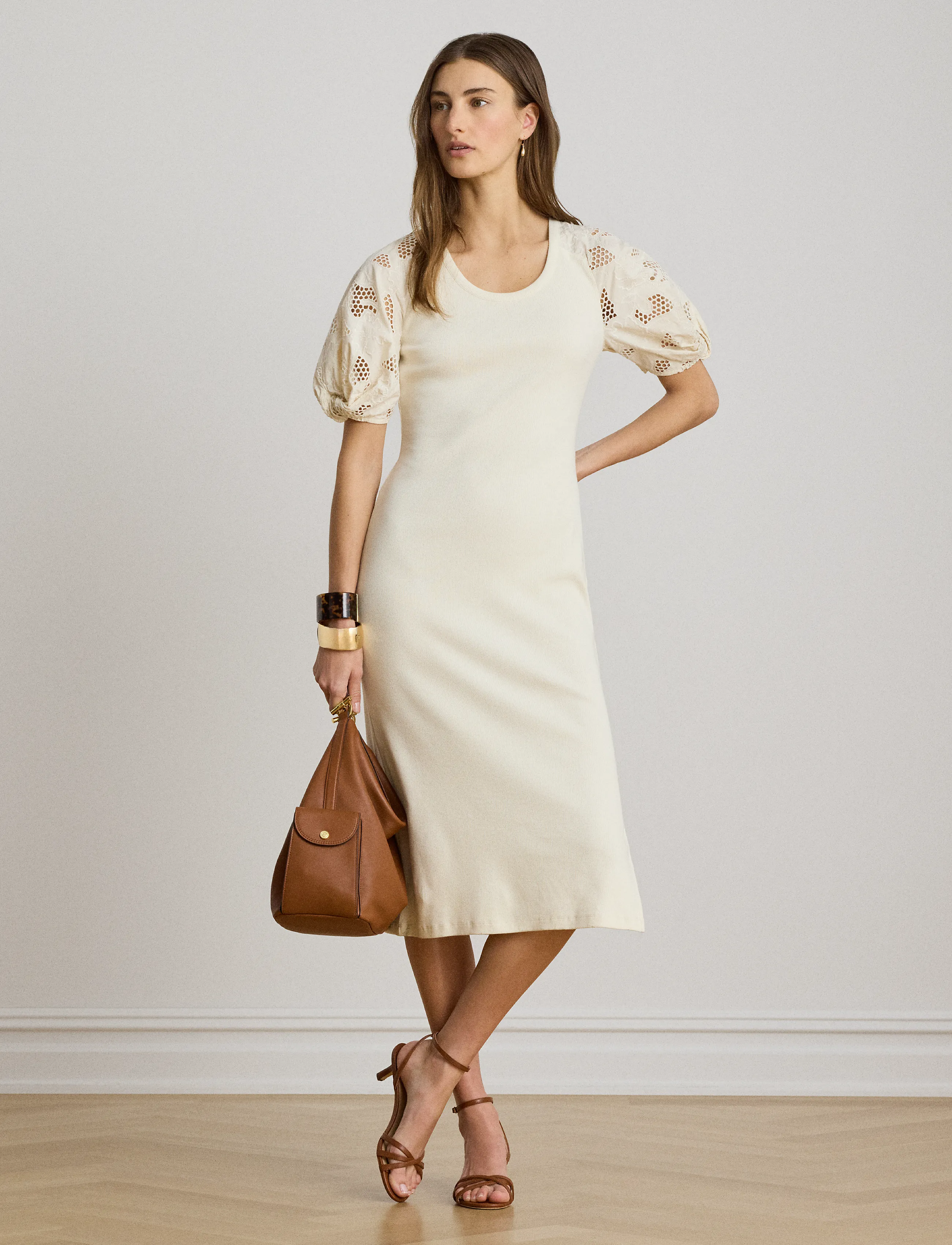 Lauren Ralph Rib-Knit Cotton Eyelet-Puff-Sleeve Dress, S, Dresses, Creme - Knee-length & Midi, Frauen