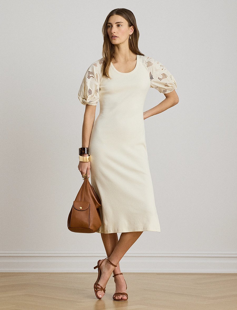 Lauren Ralph Lauren - Rib-Knit Cotton Eyelet-Puff-Sleeve Dress - stramme kjoler - mascarpone cream - 0