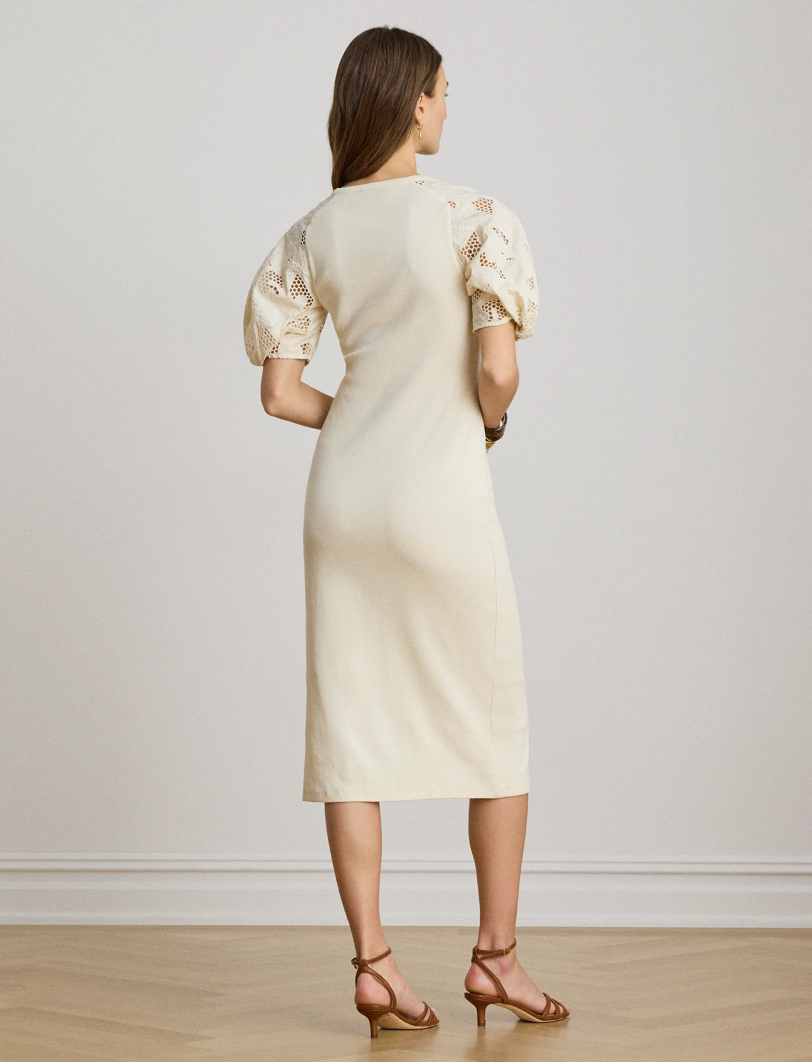 Lauren Ralph Lauren - Rib-Knit Cotton Eyelet-Puff-Sleeve Dress - etuikleider - mascarpone cream - 2