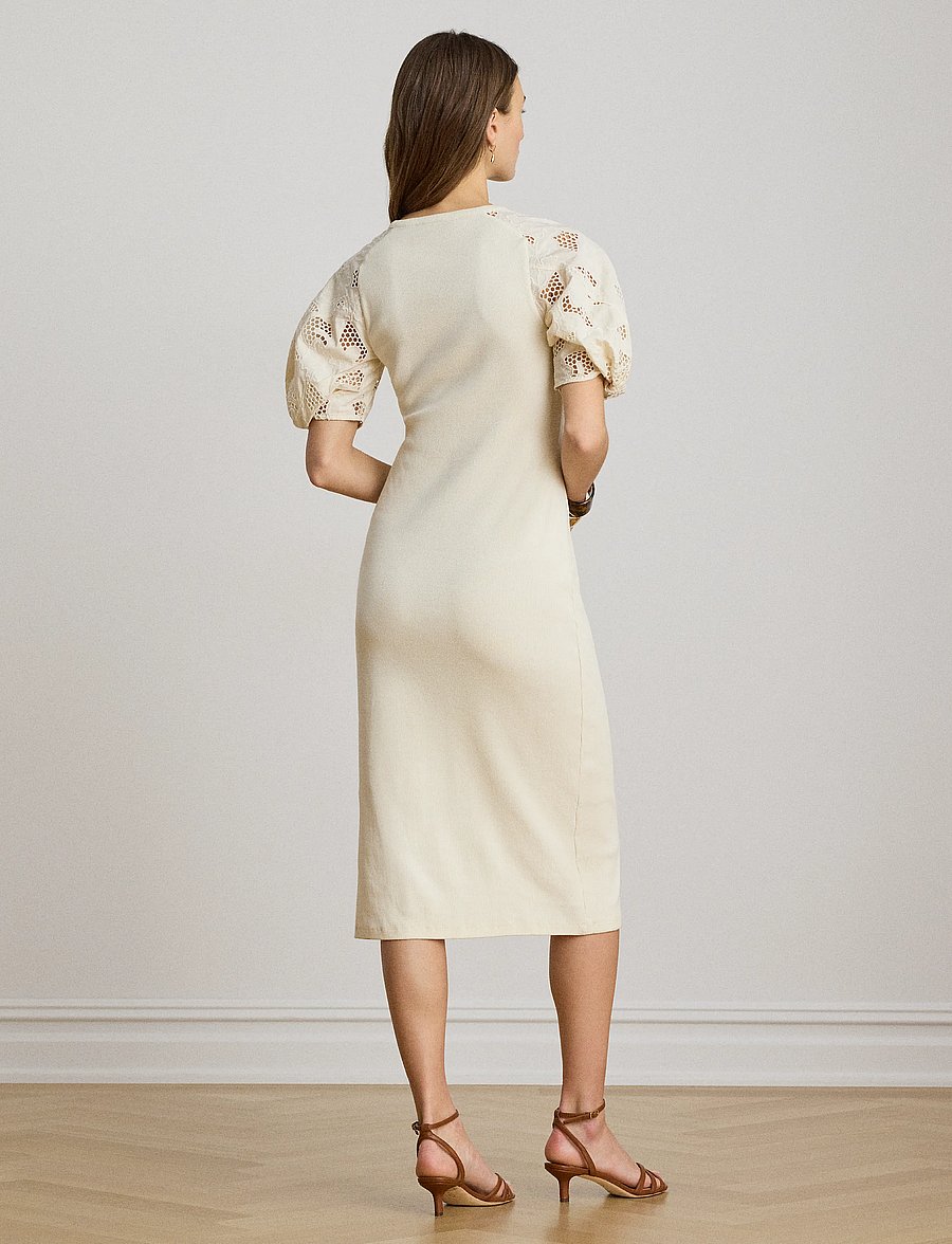 Lauren Ralph Lauren - Rib-Knit Cotton Eyelet-Puff-Sleeve Dress - stramme kjoler - mascarpone cream - 2