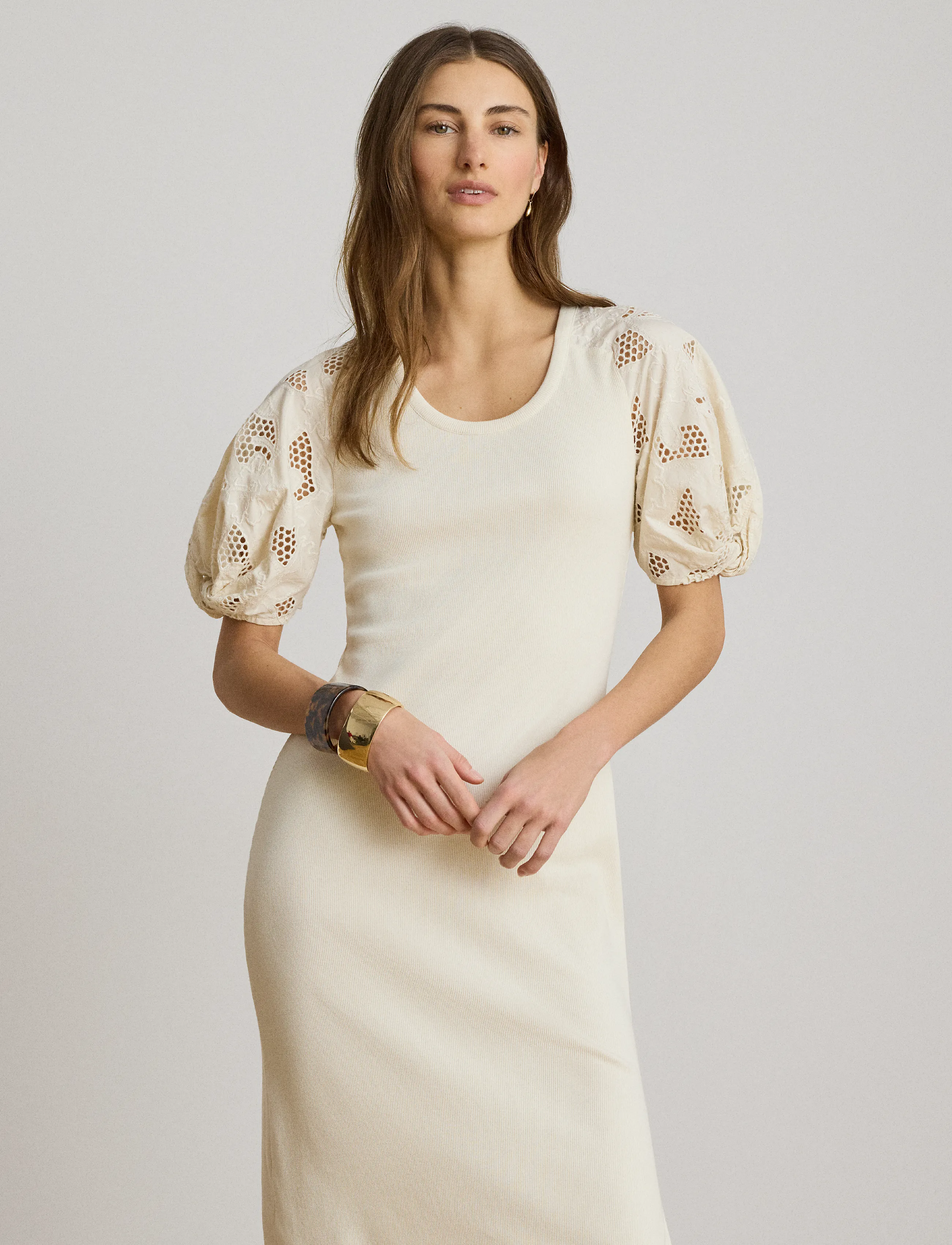 Lauren Ralph Lauren - Rib-Knit Cotton Eyelet-Puff-Sleeve Dress - etuikleider - mascarpone cream - 3