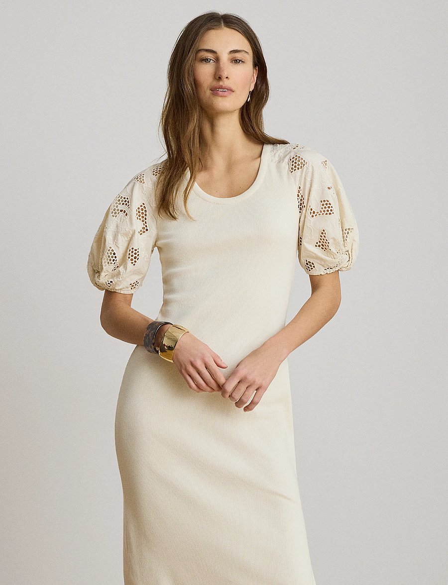 Lauren Ralph Lauren - Rib-Knit Cotton Eyelet-Puff-Sleeve Dress - stramme kjoler - mascarpone cream - 3