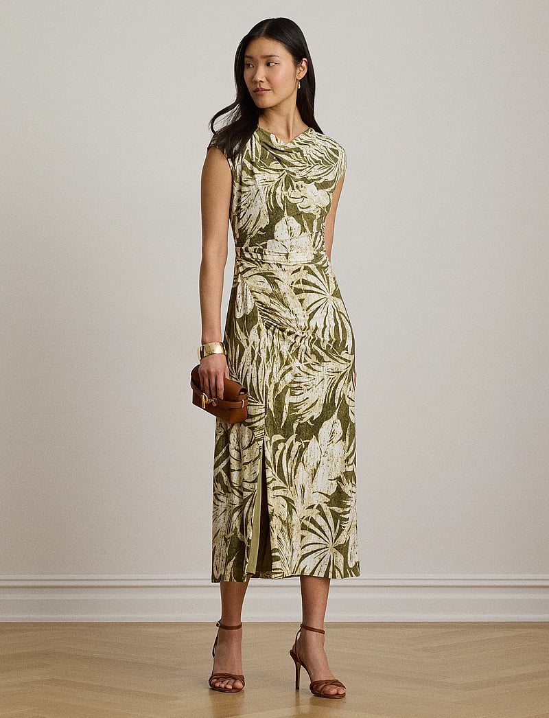 Lauren Ralph Lauren - Palm-Frond-Print Jersey Cowlneck Dress - sommerkleider - olive multi - 0
