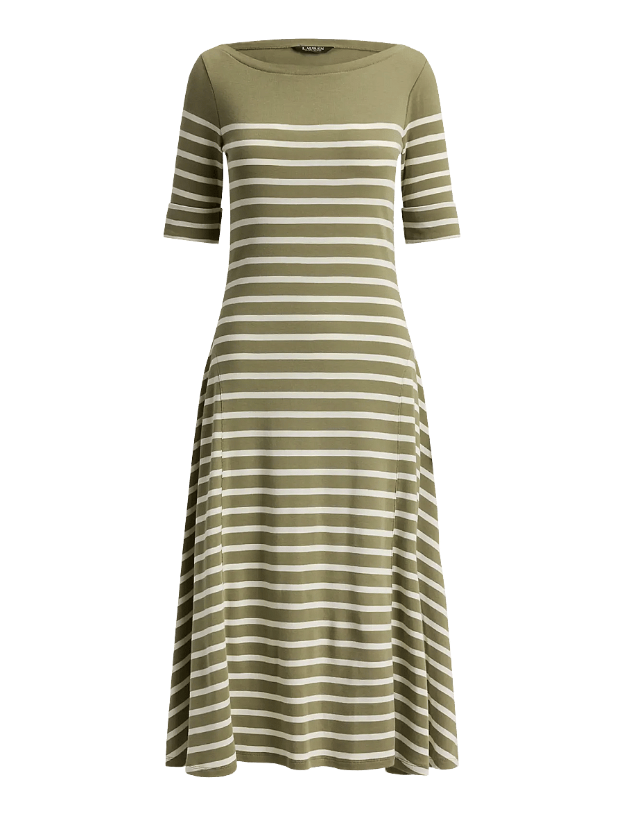 Lauren Ralph Lauren - Breton-Stripe Cotton Ribbed Midi Dress - robes t-shirt - light agave/mas c - 1