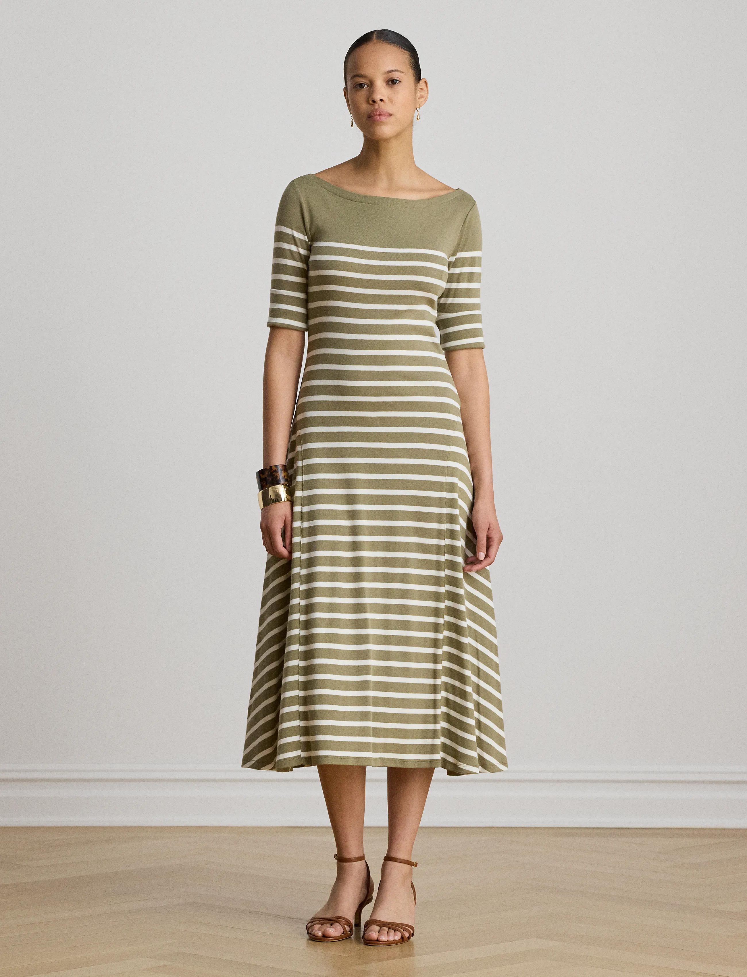 Lauren Ralph Breton-Stripe Cotton Ribbed Midi Dress, XL, Dresses, Grün - Knee-length & Midi, Frauen