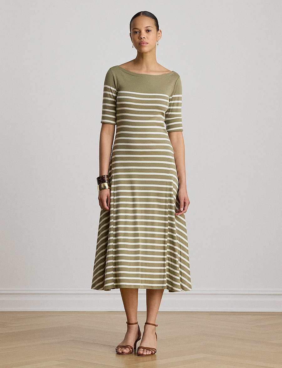 Lauren Ralph Lauren - Breton-Stripe Cotton Ribbed Midi Dress - robes t-shirt - light agave/mas c - 0