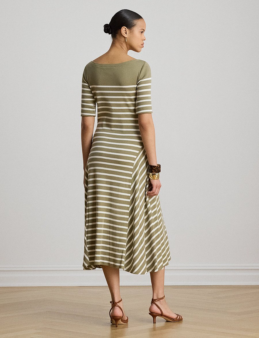 Lauren Ralph Lauren - Breton-Stripe Cotton Ribbed Midi Dress - robes t-shirt - light agave/mas c - 2