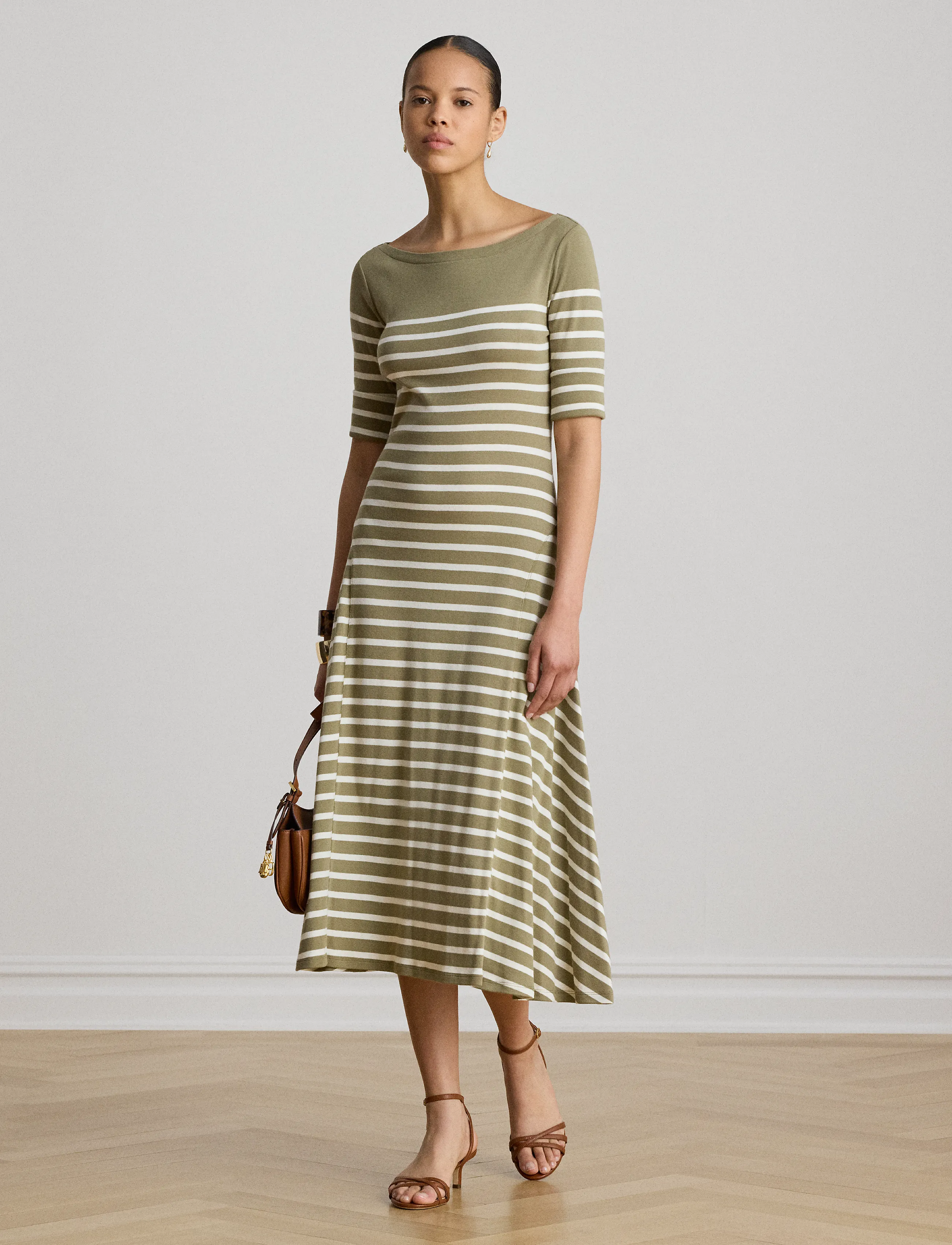 Lauren Ralph Lauren - Breton-Stripe Cotton Ribbed Midi Dress - robes t-shirt - light agave/mas c - 3