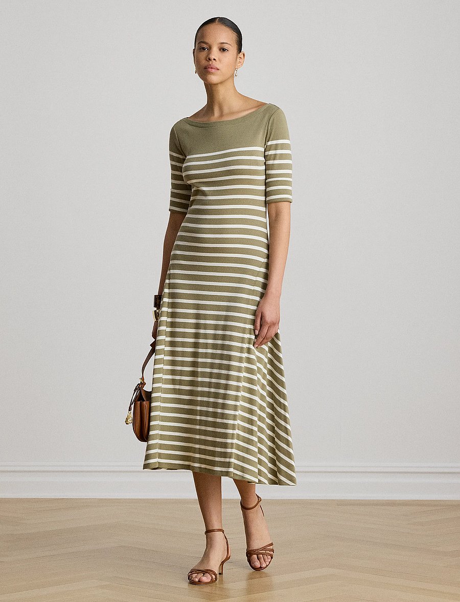Lauren Ralph Lauren - Breton-Stripe Cotton Ribbed Midi Dress - robes t-shirt - light agave/mas c - 3