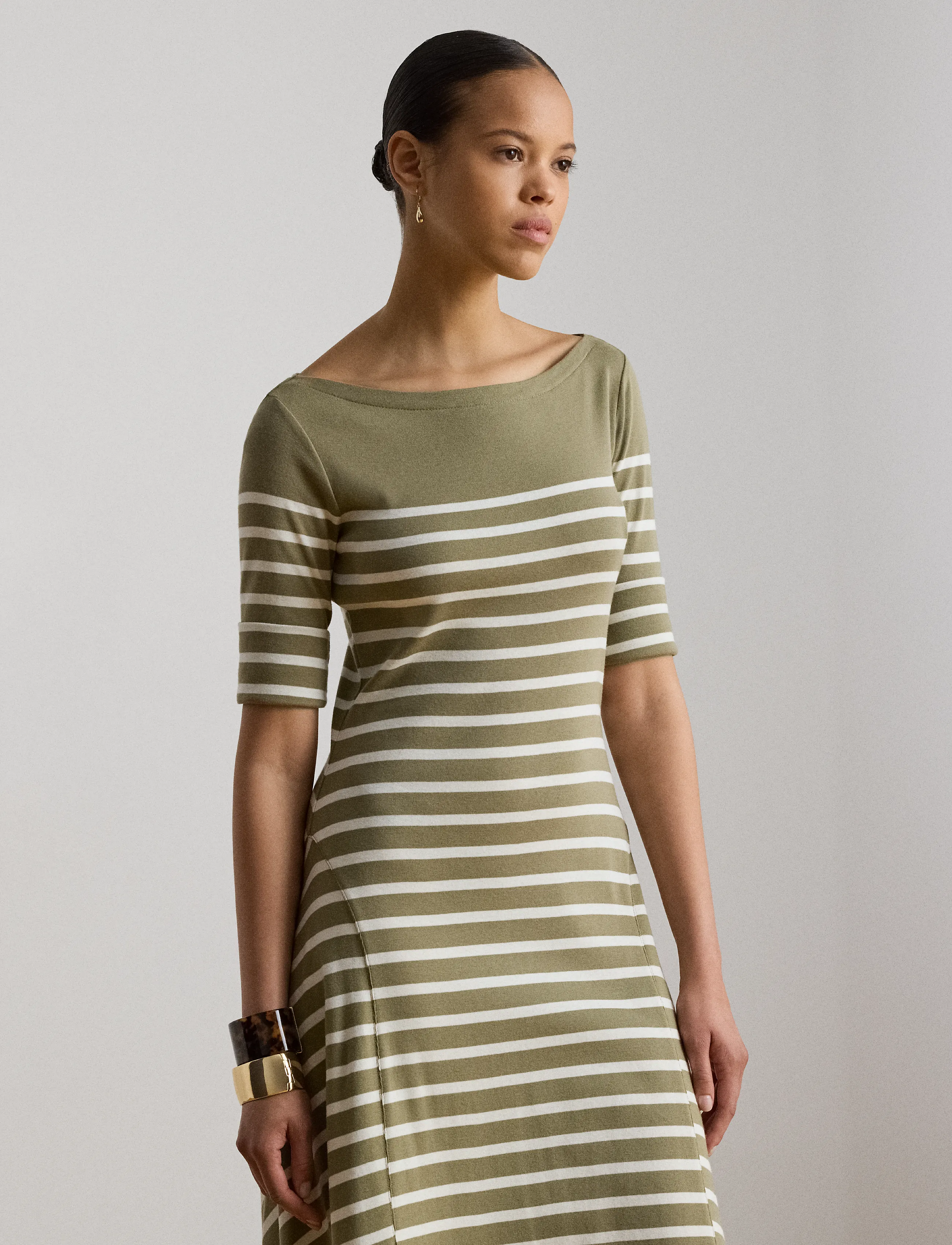 Lauren Ralph Lauren - Breton-Stripe Cotton Ribbed Midi Dress - robes t-shirt - light agave/mas c - 4