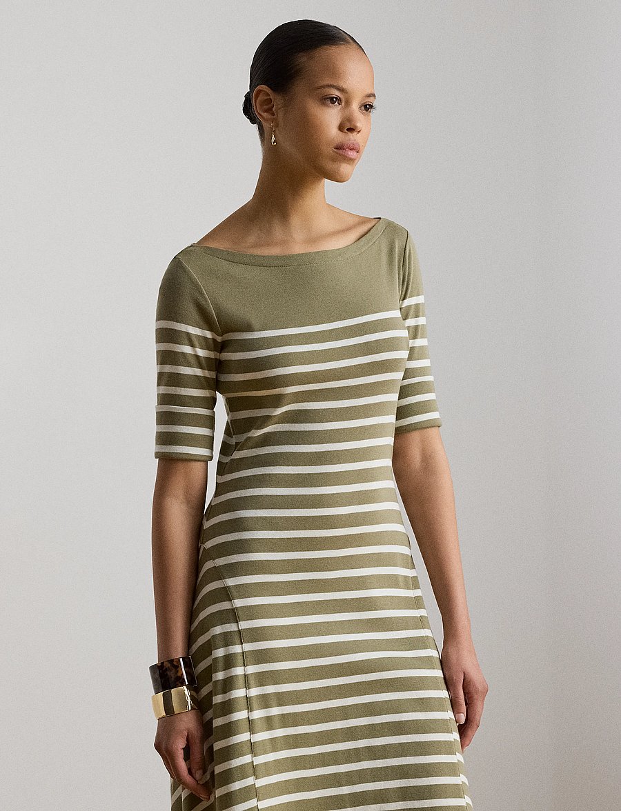 Lauren Ralph Lauren - Breton-Stripe Cotton Ribbed Midi Dress - robes t-shirt - light agave/mas c - 4