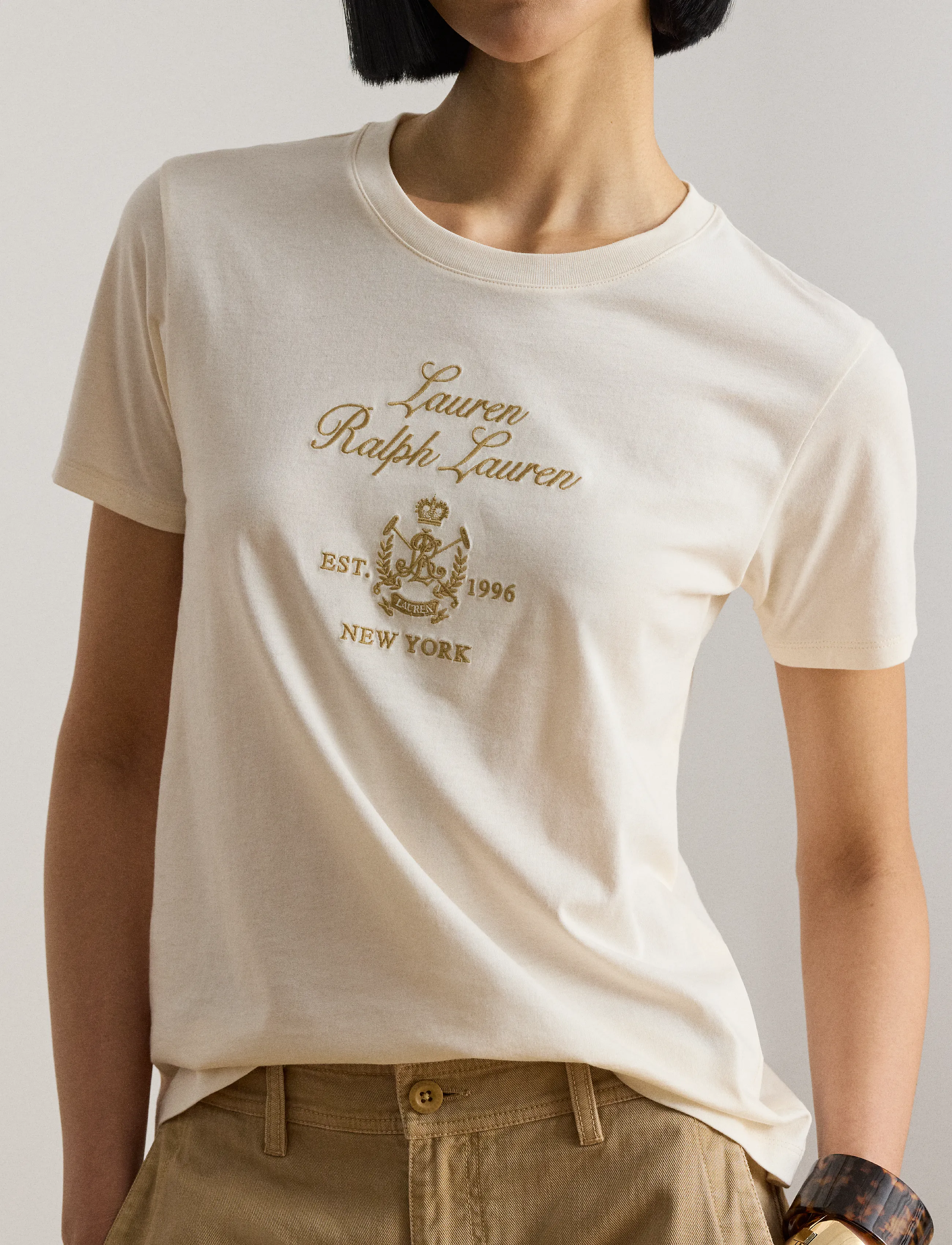 Lauren Ralph Lauren - Embroidered-Crest Cotton Jersey Tee - mascarpone cream - 5