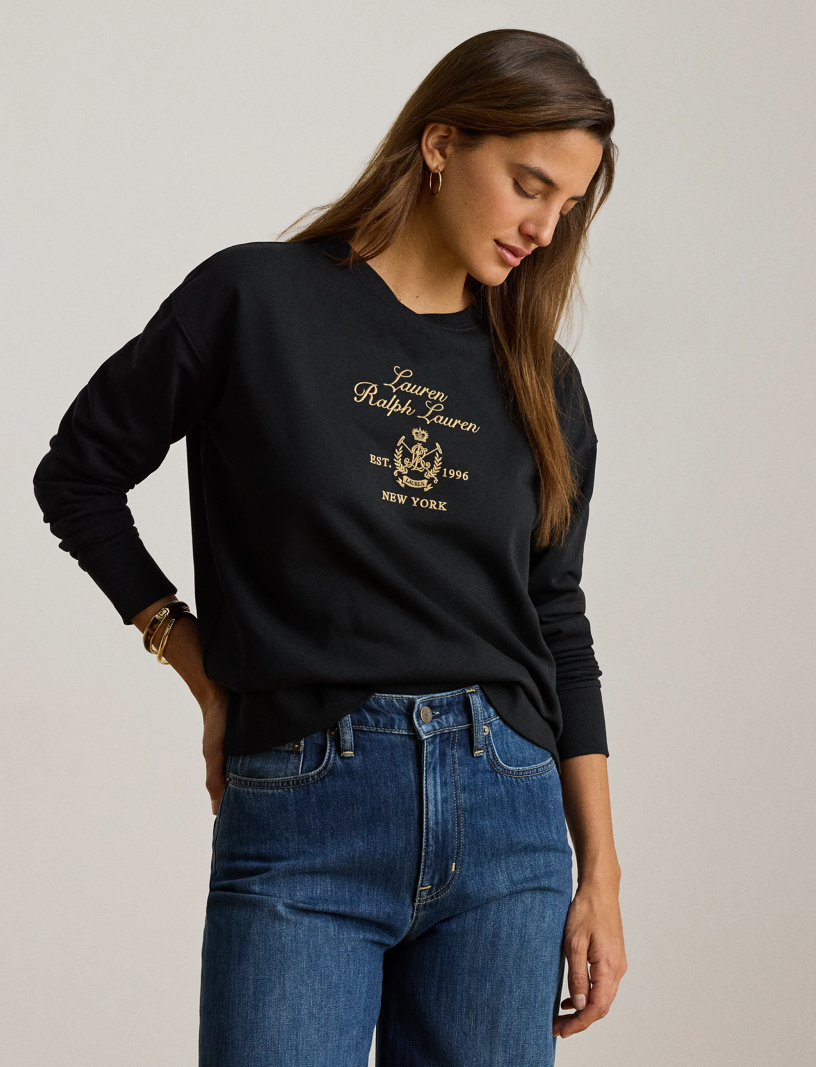 Lauren Ralph Lauren Embroidered-Crest French Terry Pullover, Kvinder, Broderet Pullover, Sort, Str: S