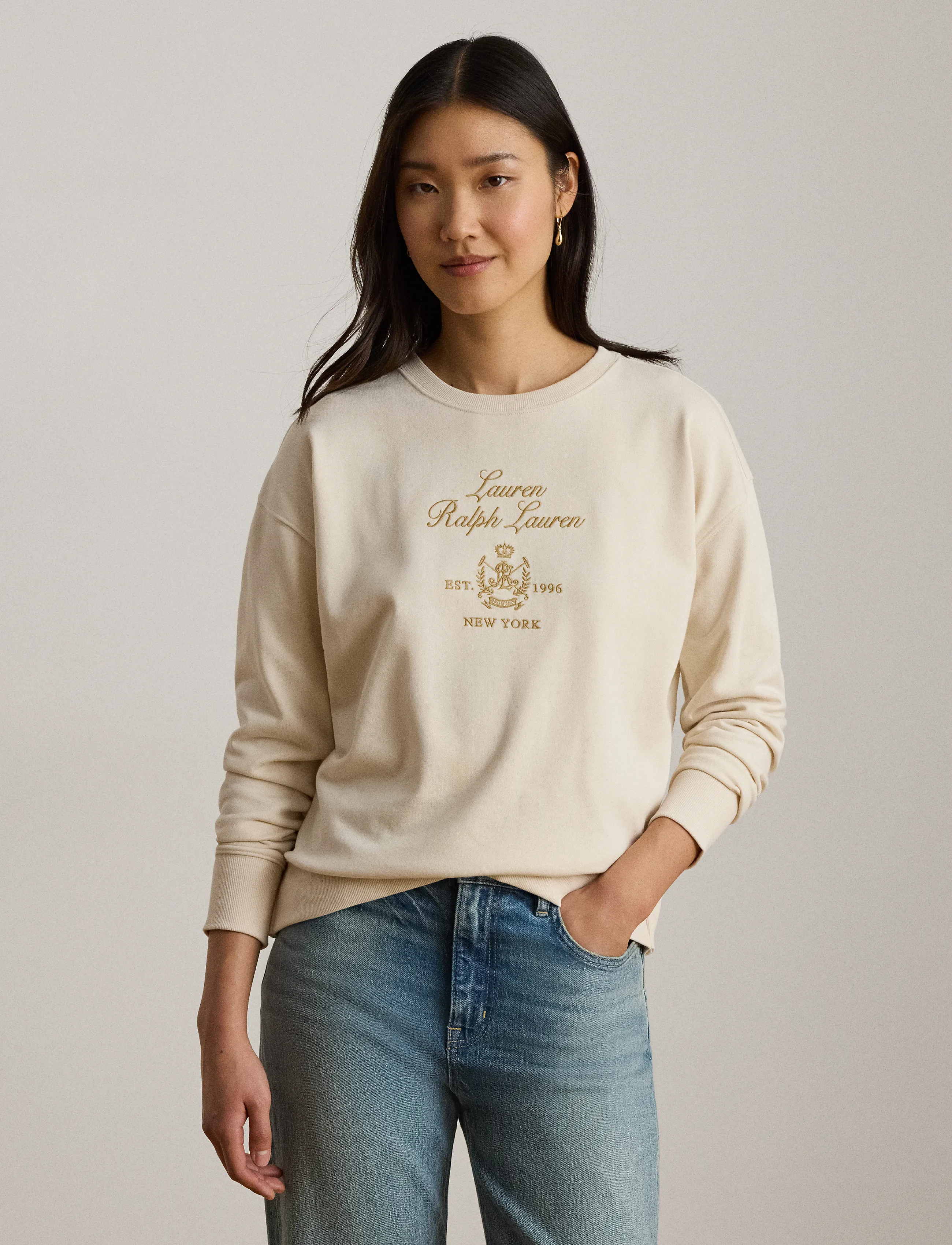 Lauren Ralph Lauren Embroidered-Crest French Terry Pullover, Kvinder, Broderet Pullover, Cream, Str: XS