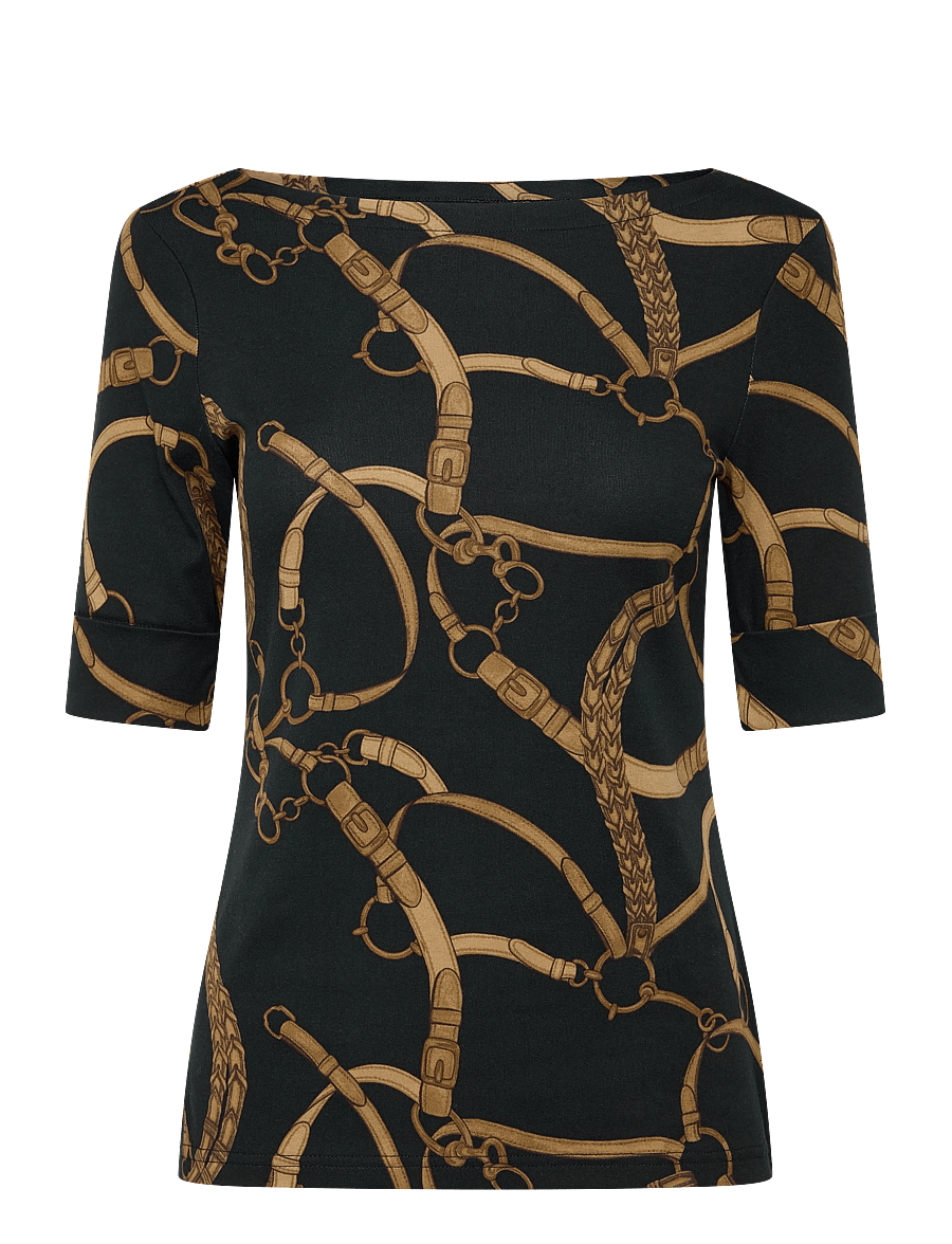 Lauren Ralph Lauren - Belting-Print Cotton Boatneck Tee - t-shirts - black/tan - 1