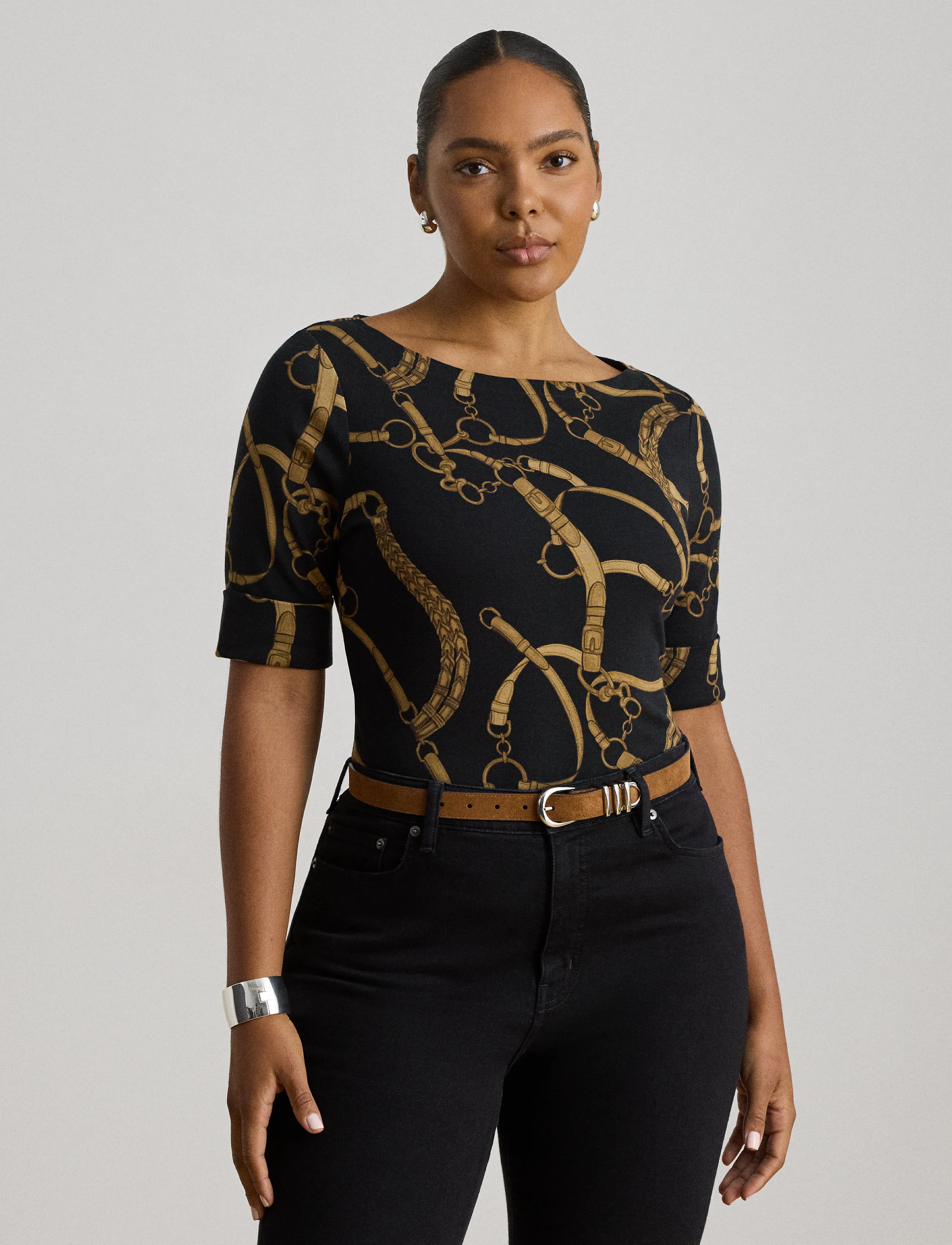 Lauren Ralph Lauren Belting-Print Cotton Boatneck Tee, L, Black, T-Shirts & Toppe > Kortærmede, Dame